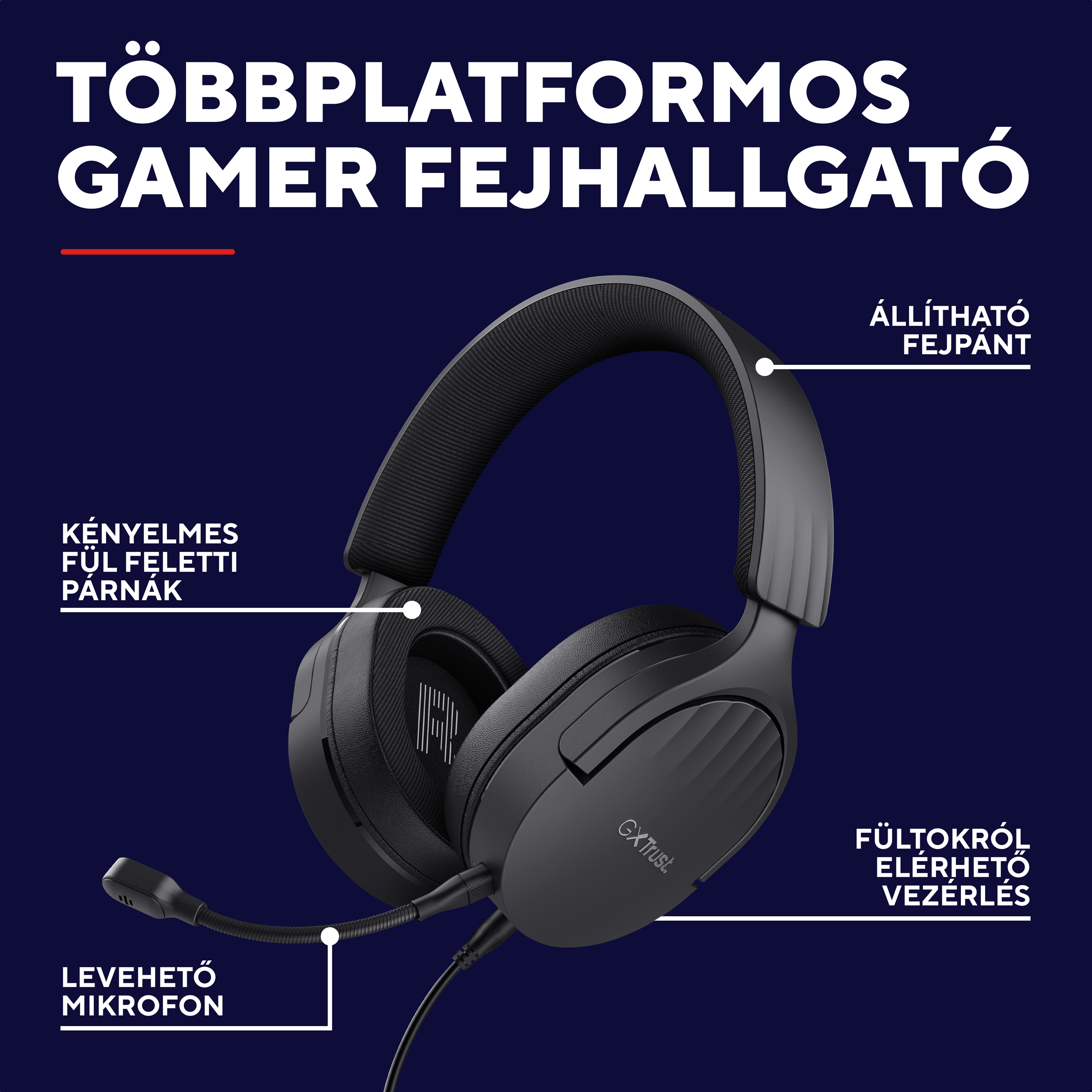 Fekete gamer fejhallgató levehető mikrofonnal, állítható fejpánttal.