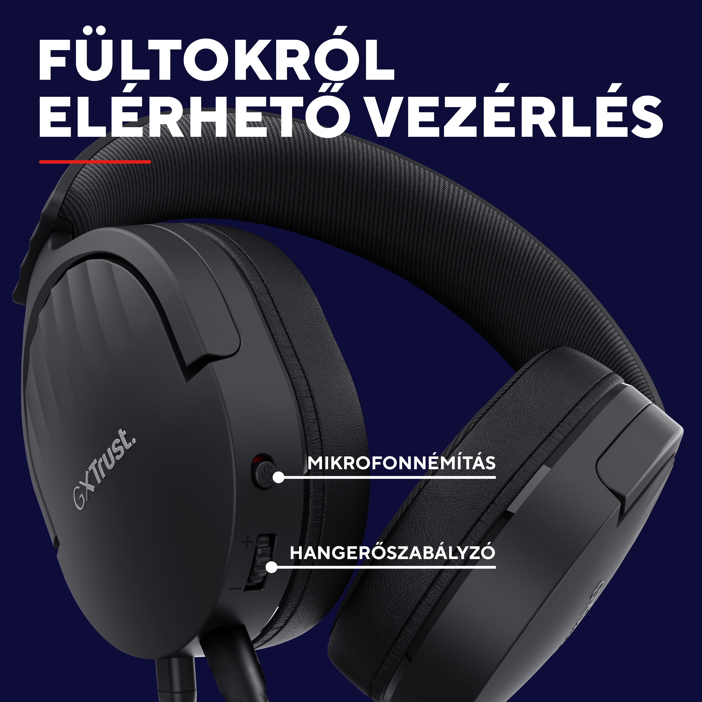 Fekete fejhallgató hangerőszabályzóval és mikrofon némítással.