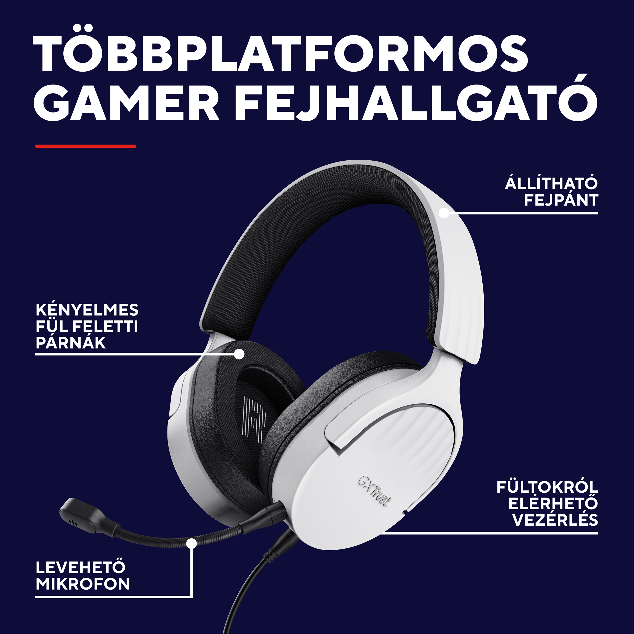 Fehér gamer fejhallgató mikrofonnal, állítható fejpánttal és fülvezérléssel.
