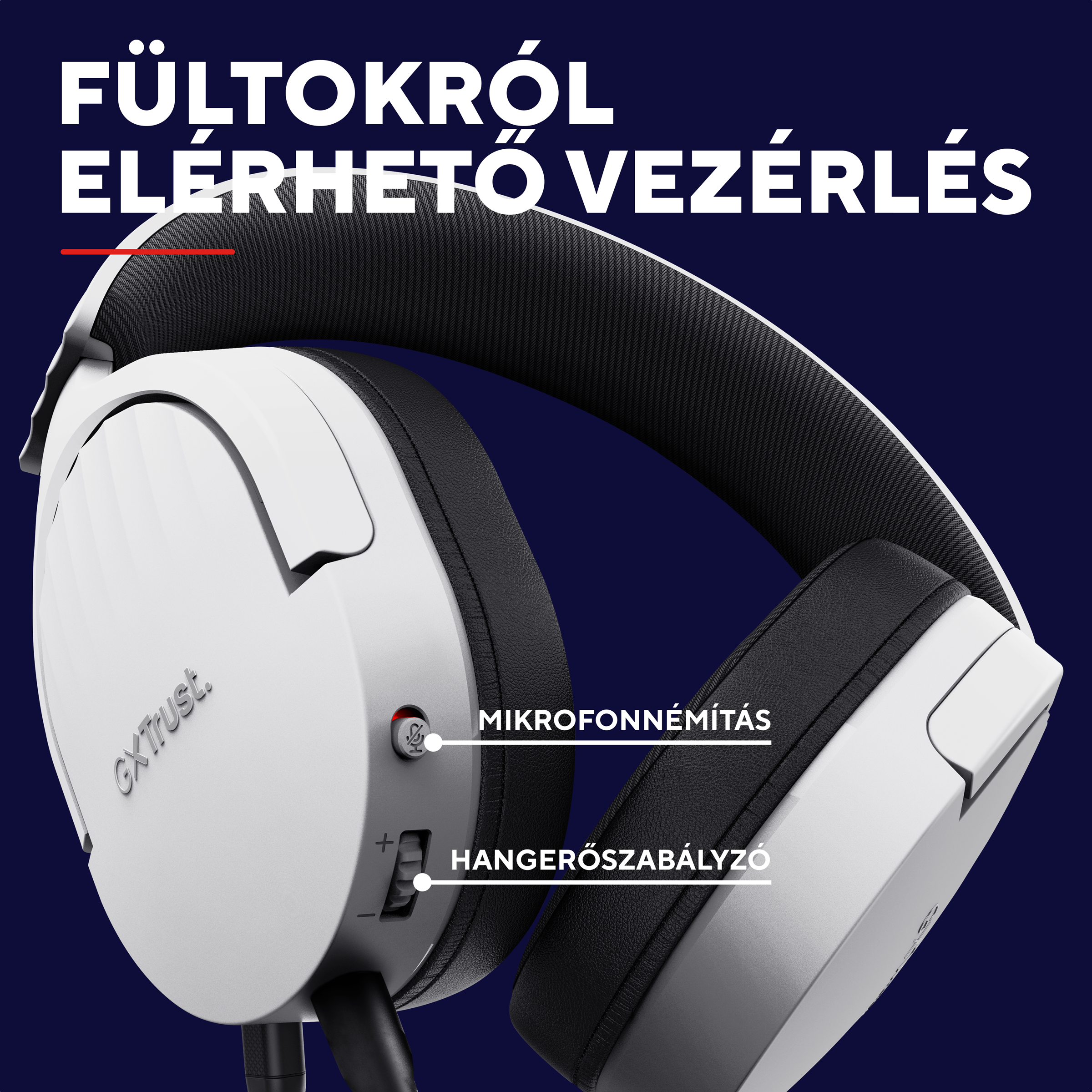 Fehér fejhallgató fekete fülpárnákkal és kábelekkel kék háttéren.