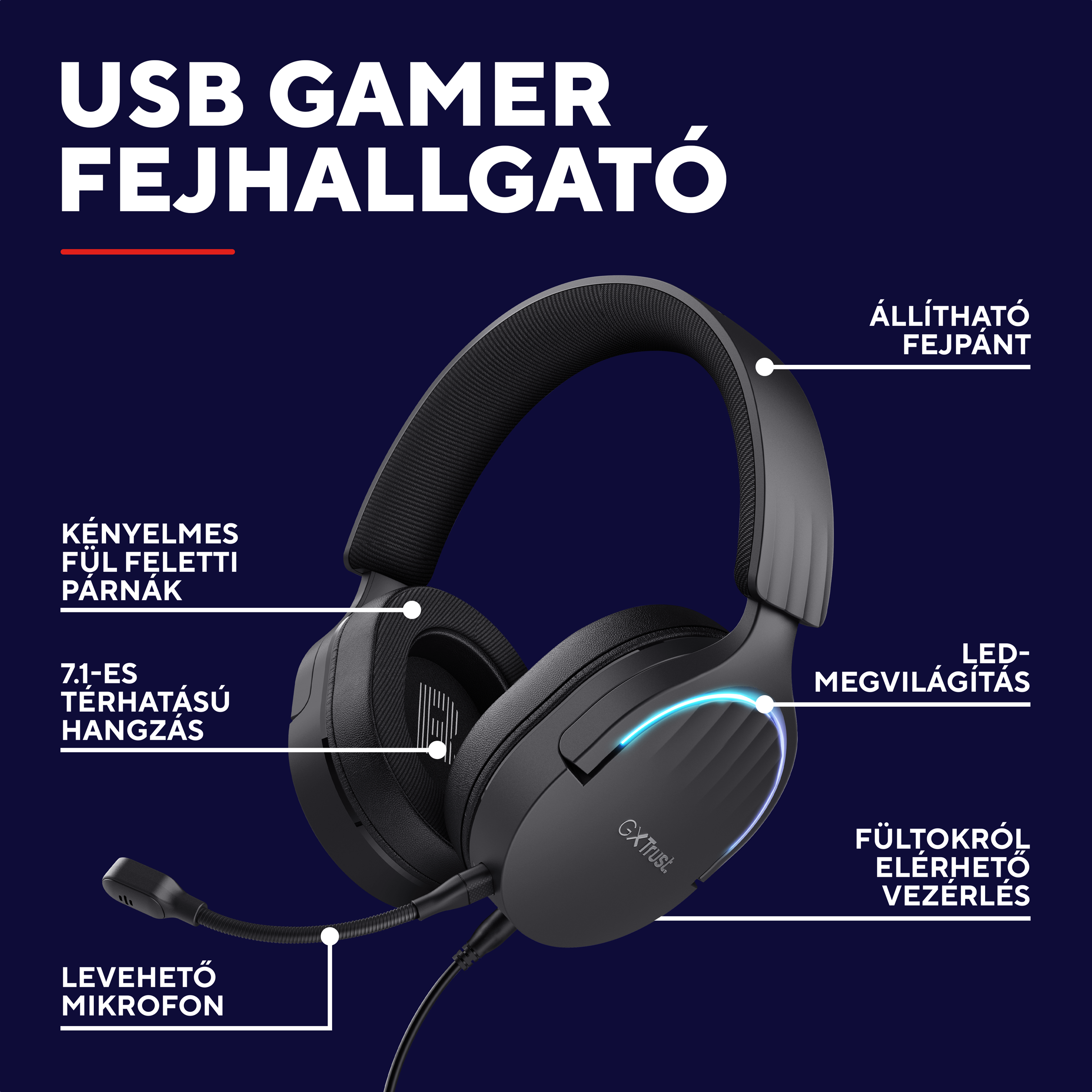 Fekete gamer fejhallgató levehető mikrofonnal, állítható fejpánttal és LED világítással.