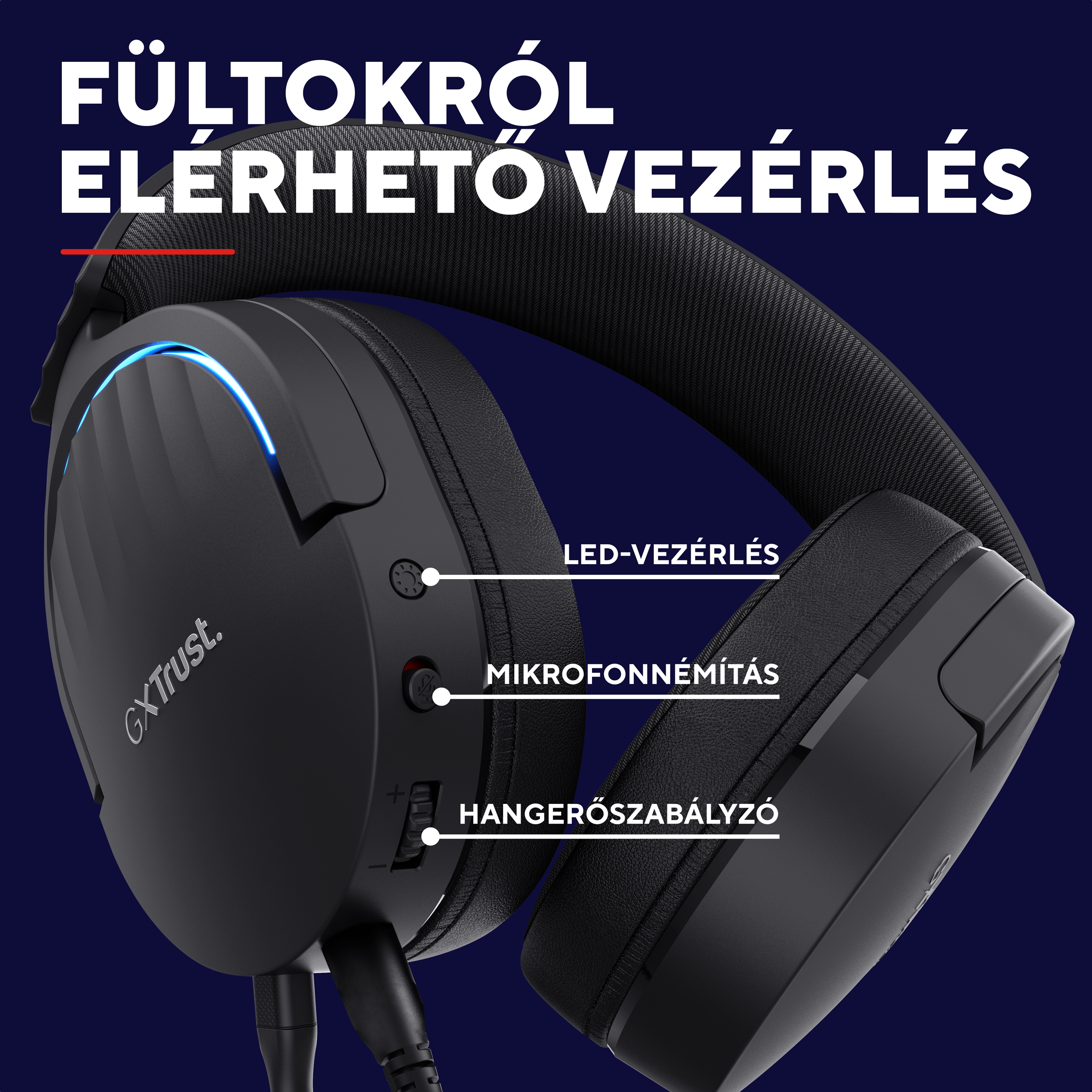 Fekete fejhallgató kék LED-ekkel, hangerőszabályzóval és mikrofon némítással.