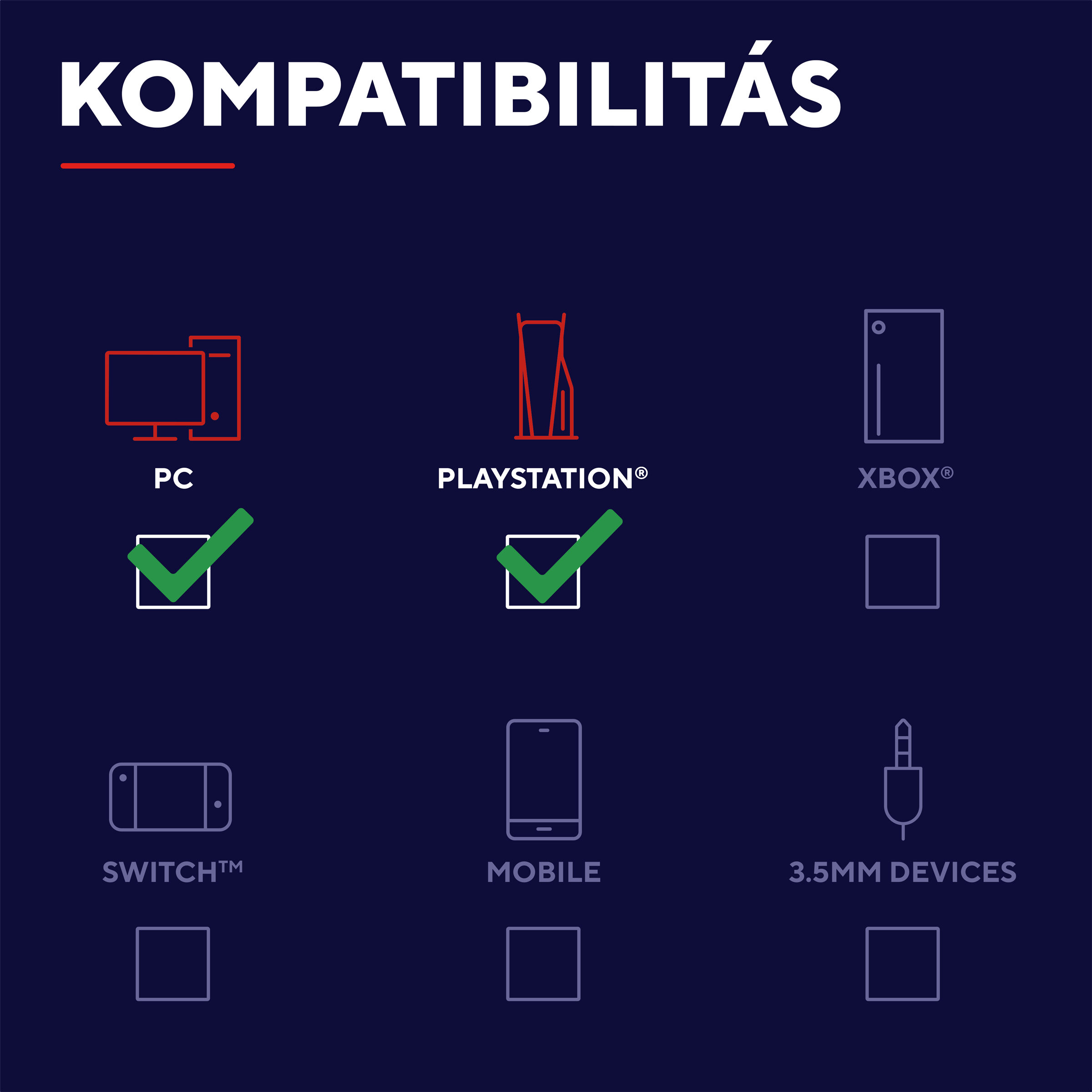 Kompatibilitási lista: PC, PlayStation, Xbox, Switch, Mobil, 3,5 mm.
