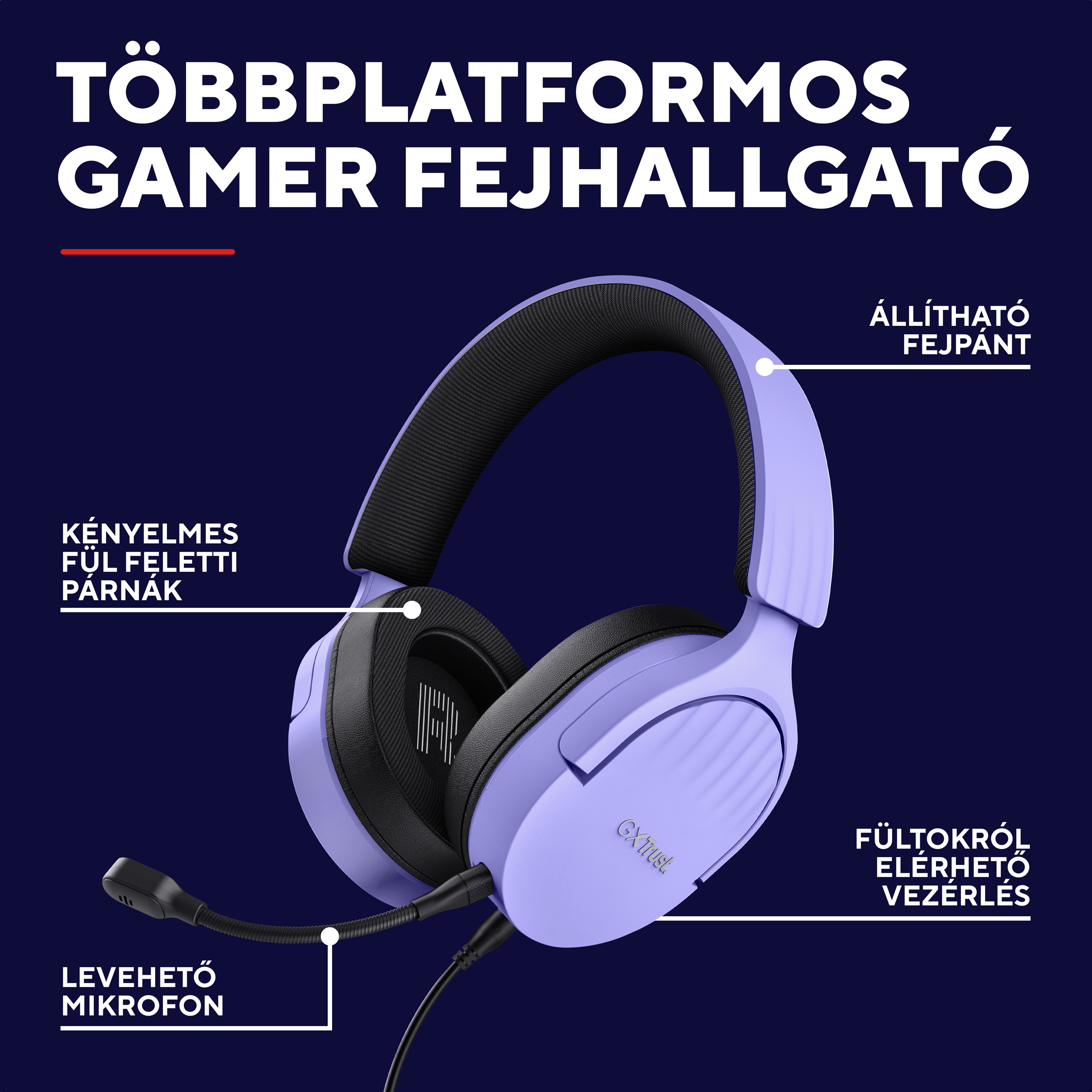 Lila headset mikrofonnal és feliratokkal.