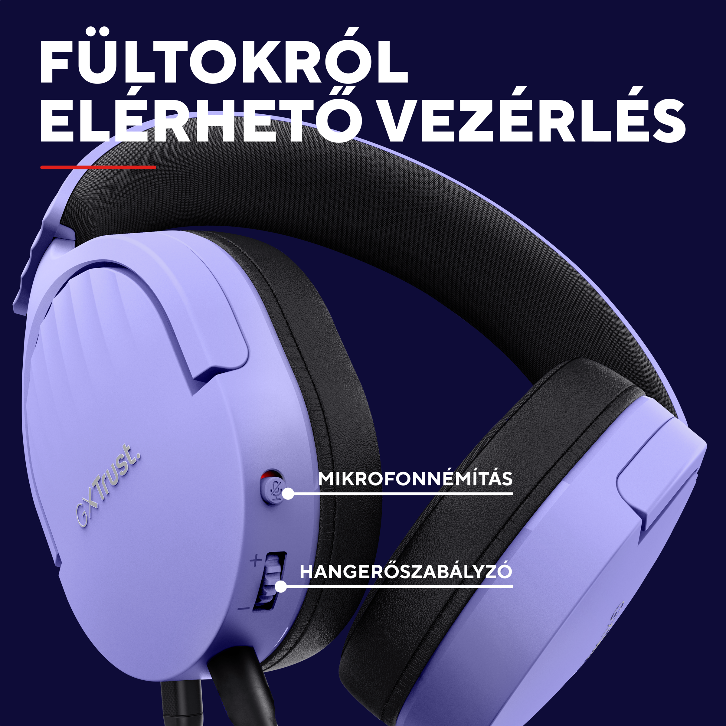Lila fejhallgató fekete fülkagylókkal és GXT logóval, hangerőszabályzó.
