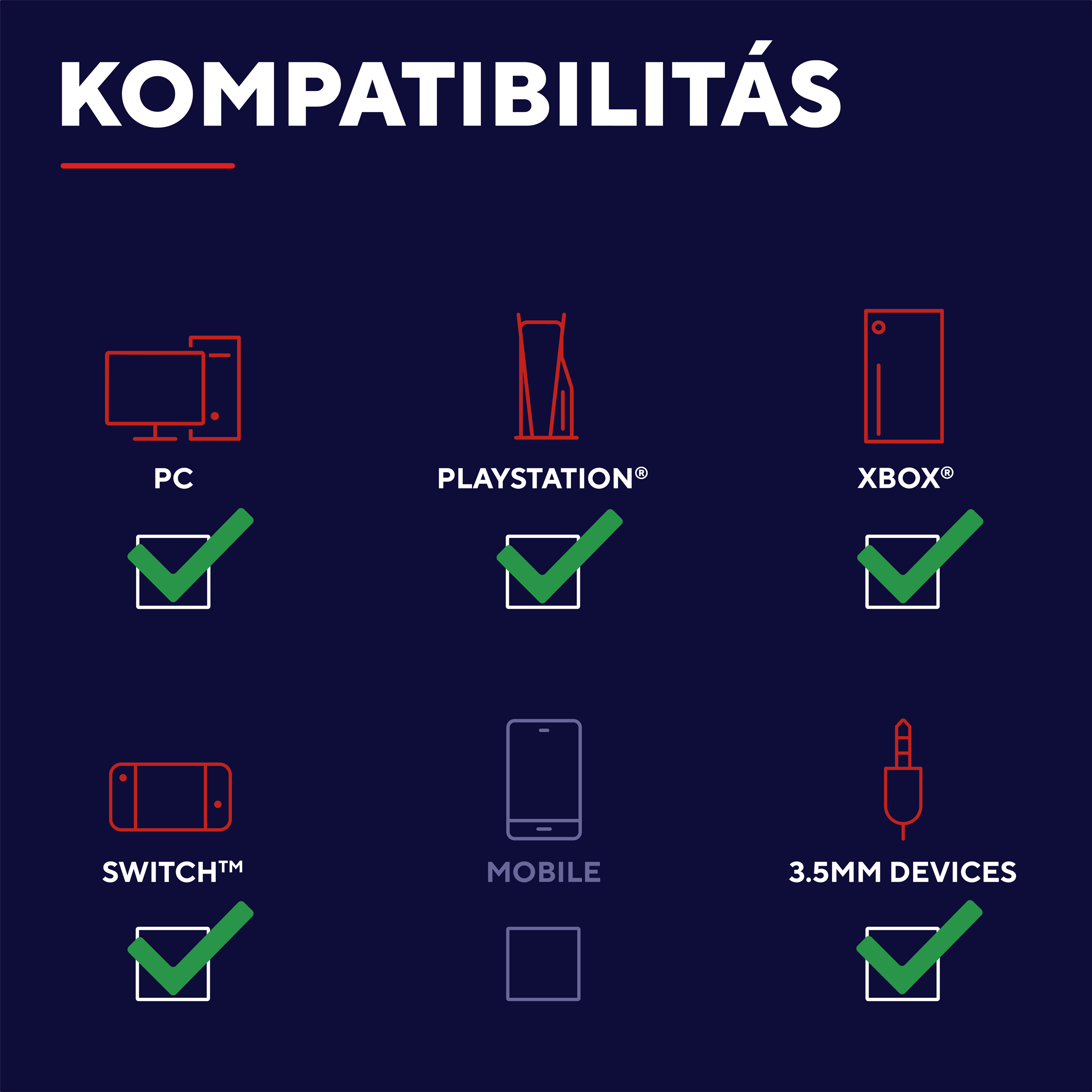 Kompatibilitási lista: PC, PlayStation, Xbox, Switch, Mobil, 3.5mm eszközök.