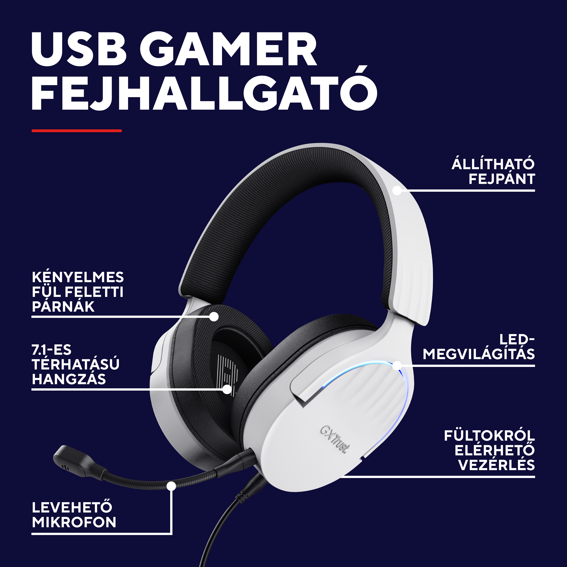 Fehér gamer fejhallgató mikrofonnal, állítható fejpánttal és LED világítással.