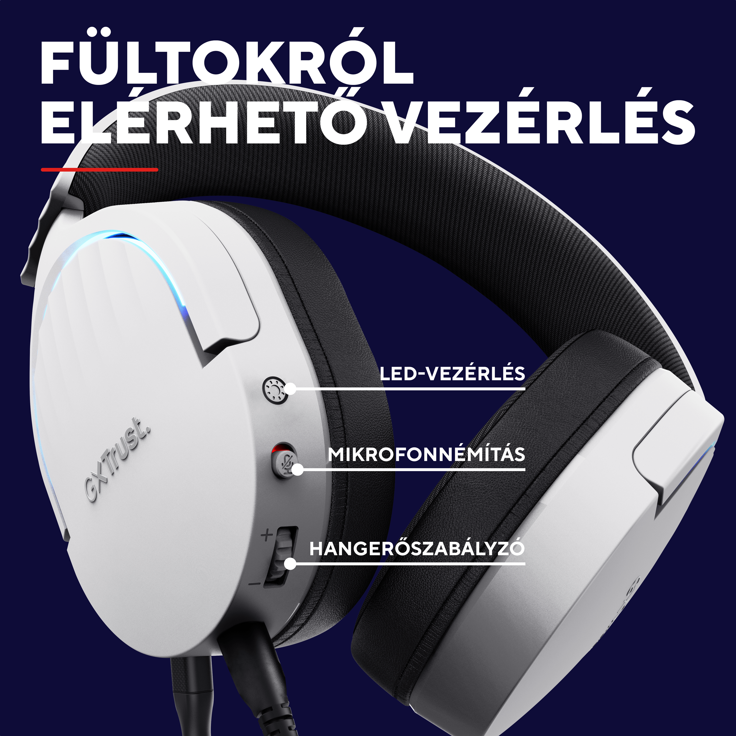 Fehér fejhallgató fekete fülpárnákkal és kék LED-ekkel.