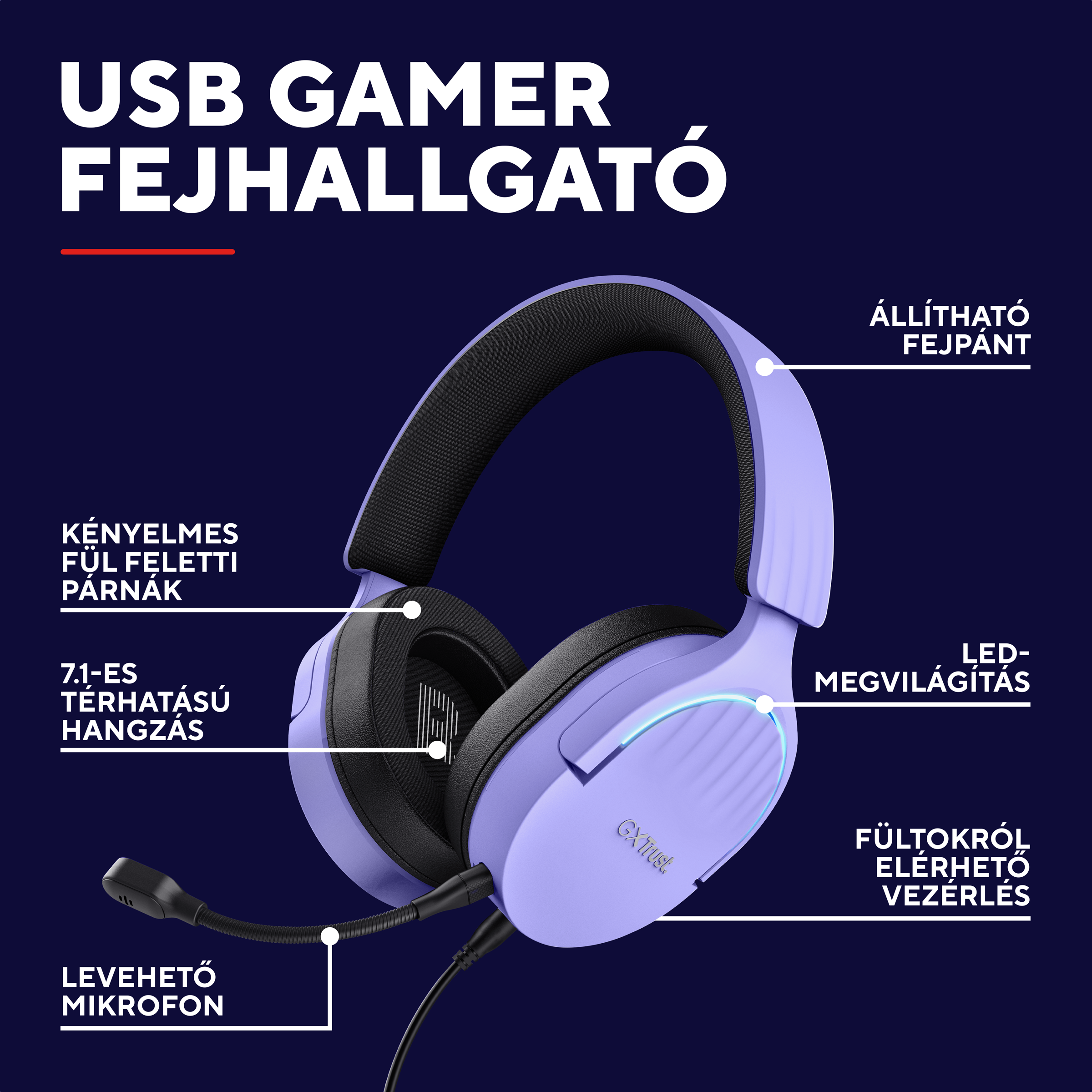 Lila gamer fejhallgató levehető mikrofonnal, állítható fejpánttal és LED világítással.