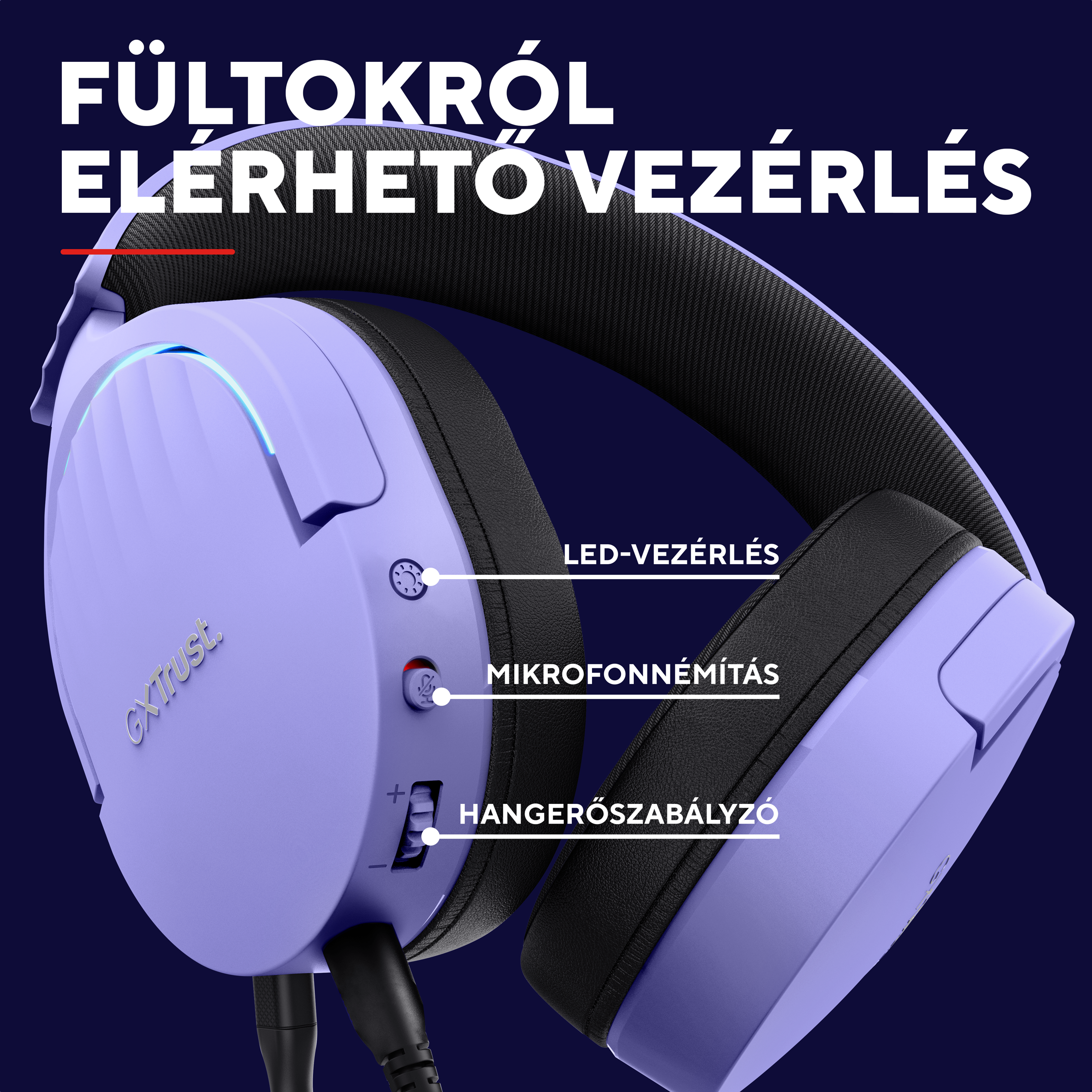 Lila fülhallgató fekete fülpárnákkal és kezelőszervekkel.