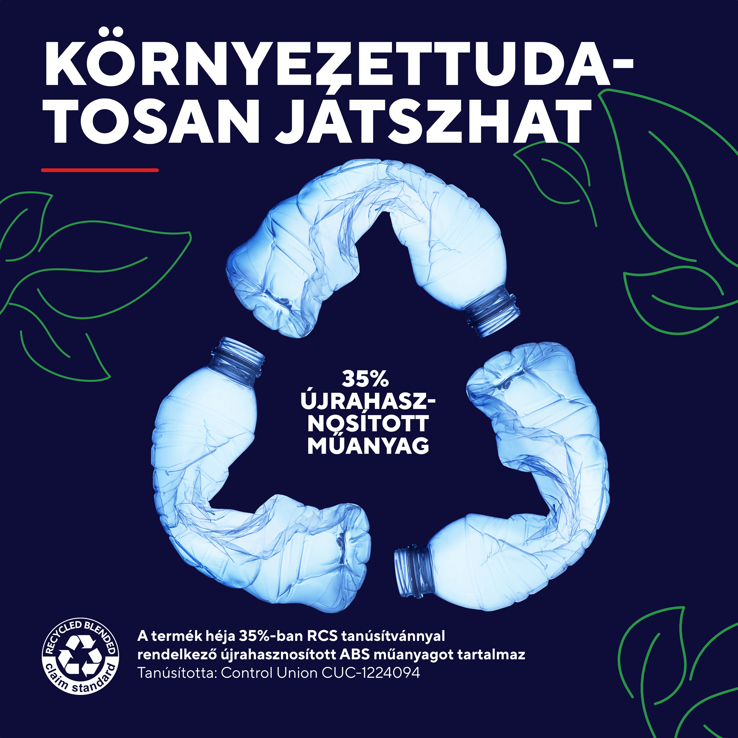 Összetört műanyag palackok alkotnak újrahasznosítási szimbólumot. 35% újrahasznosított.