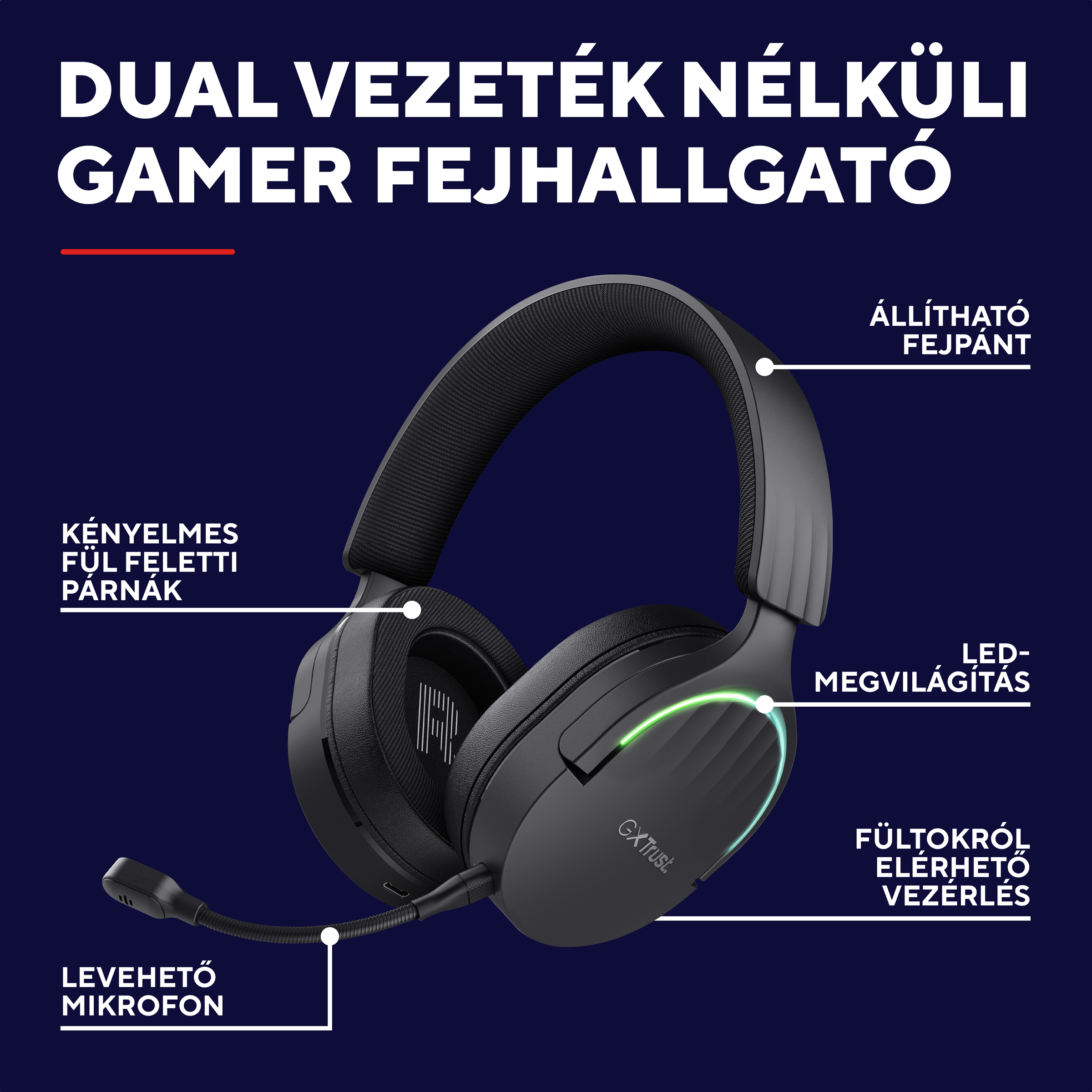 Fekete gamer fejhallgató levehető mikrofonnal, állítható fejpánttal, LED-világítással.
