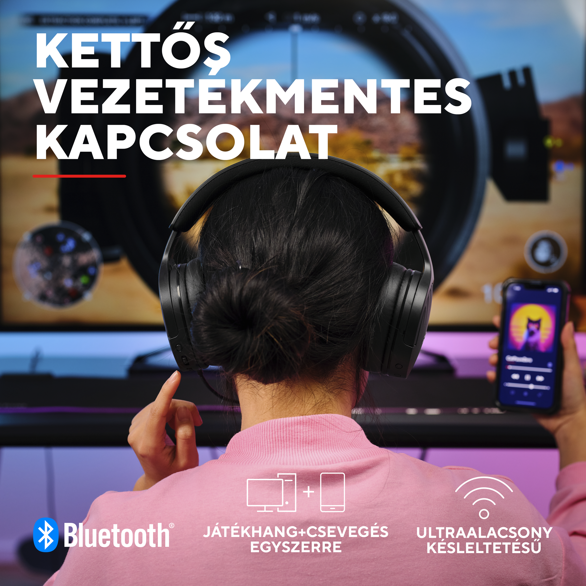 Fejhallgatót viselő személy okostelefont tart. Szöveg a Bluetooth-kapcsolatról.