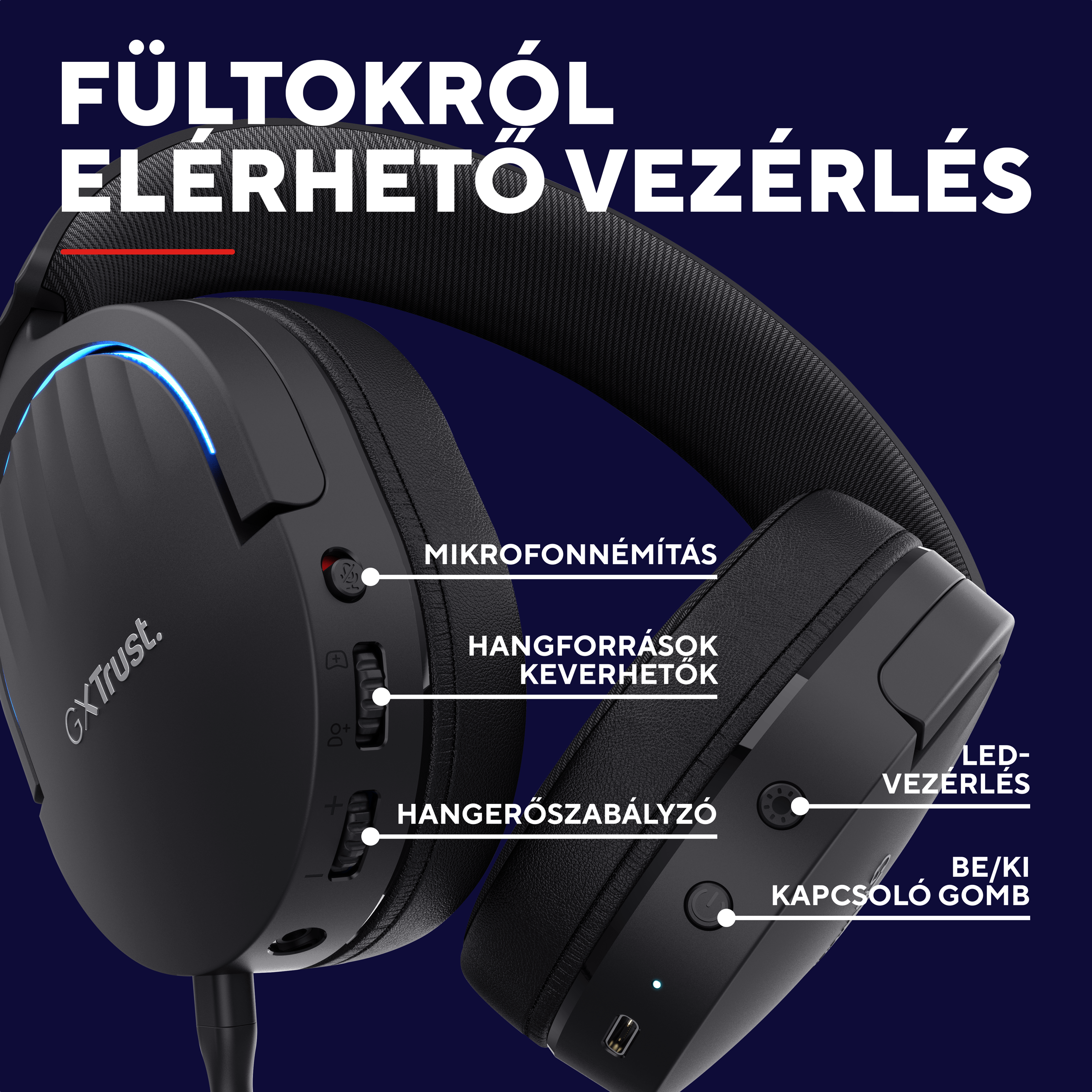 Fekete fejhallgató vezérlőkkel és kék LED világítással.