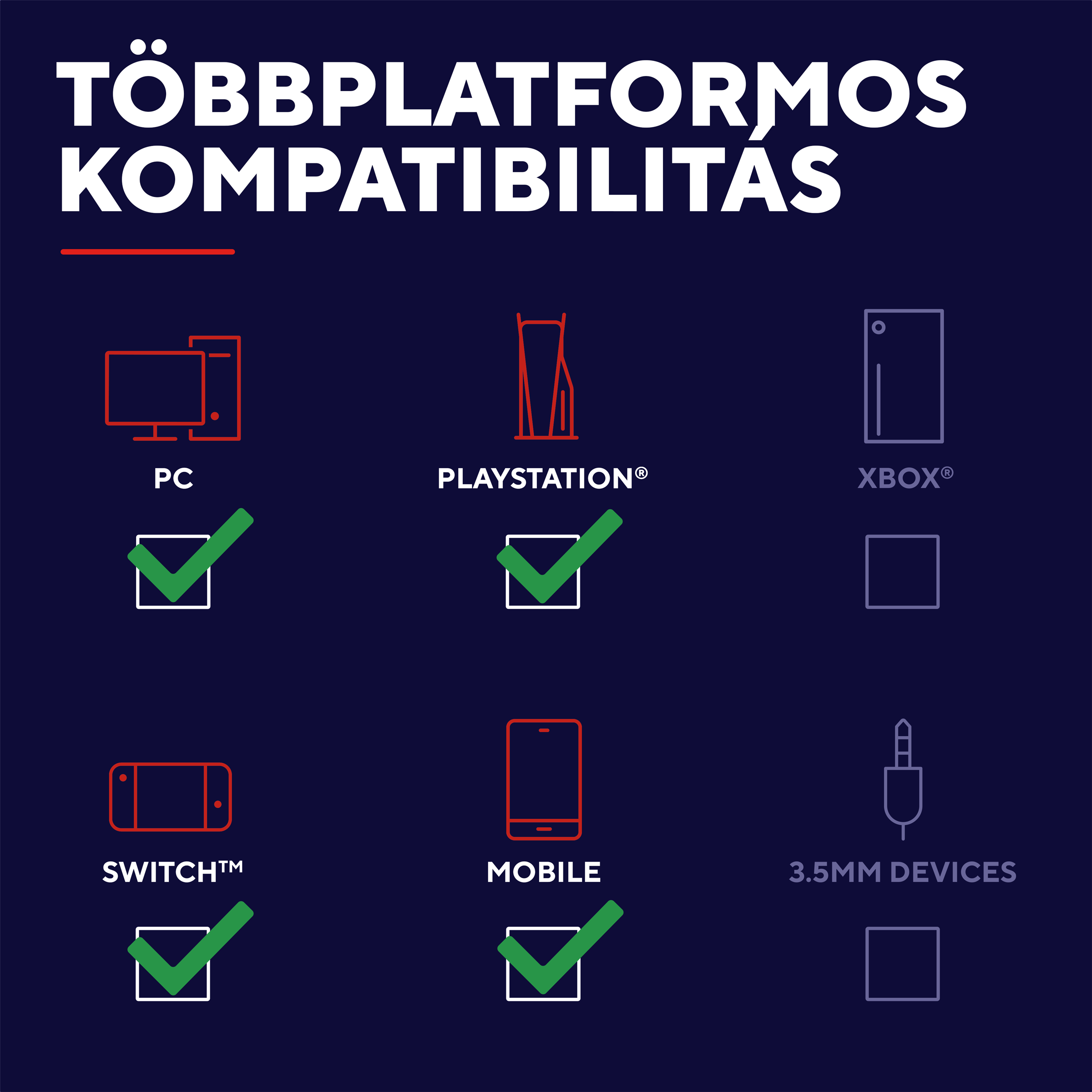 Kompatibilis PC-vel, PlayStationnel, mobillal és Switch-el. Xbox és 3,5 mm-es eszközökkel nem kompatibilis.