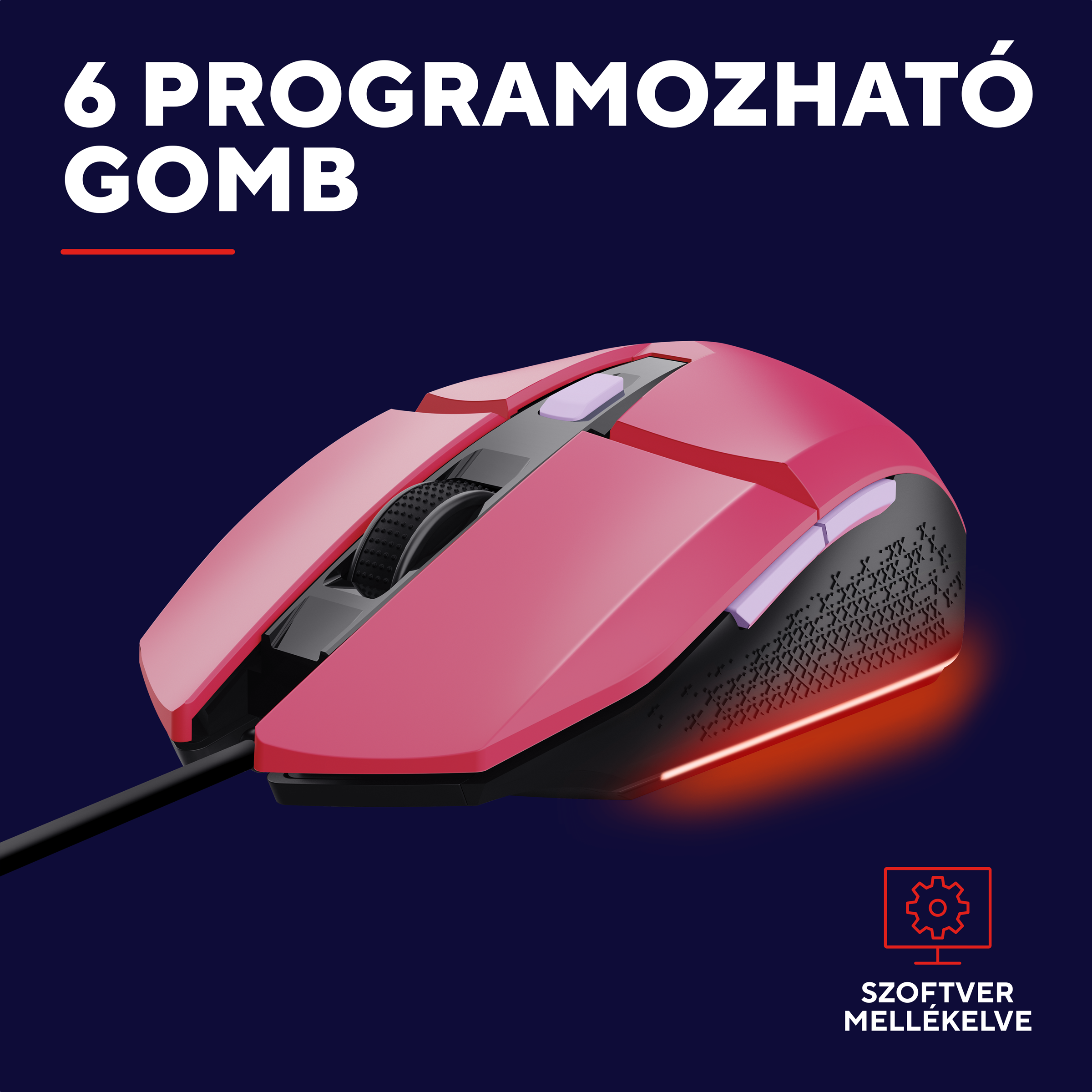 Egy pink gamer egér piros fényekkel és szöveggel, sötétkék háttéren.