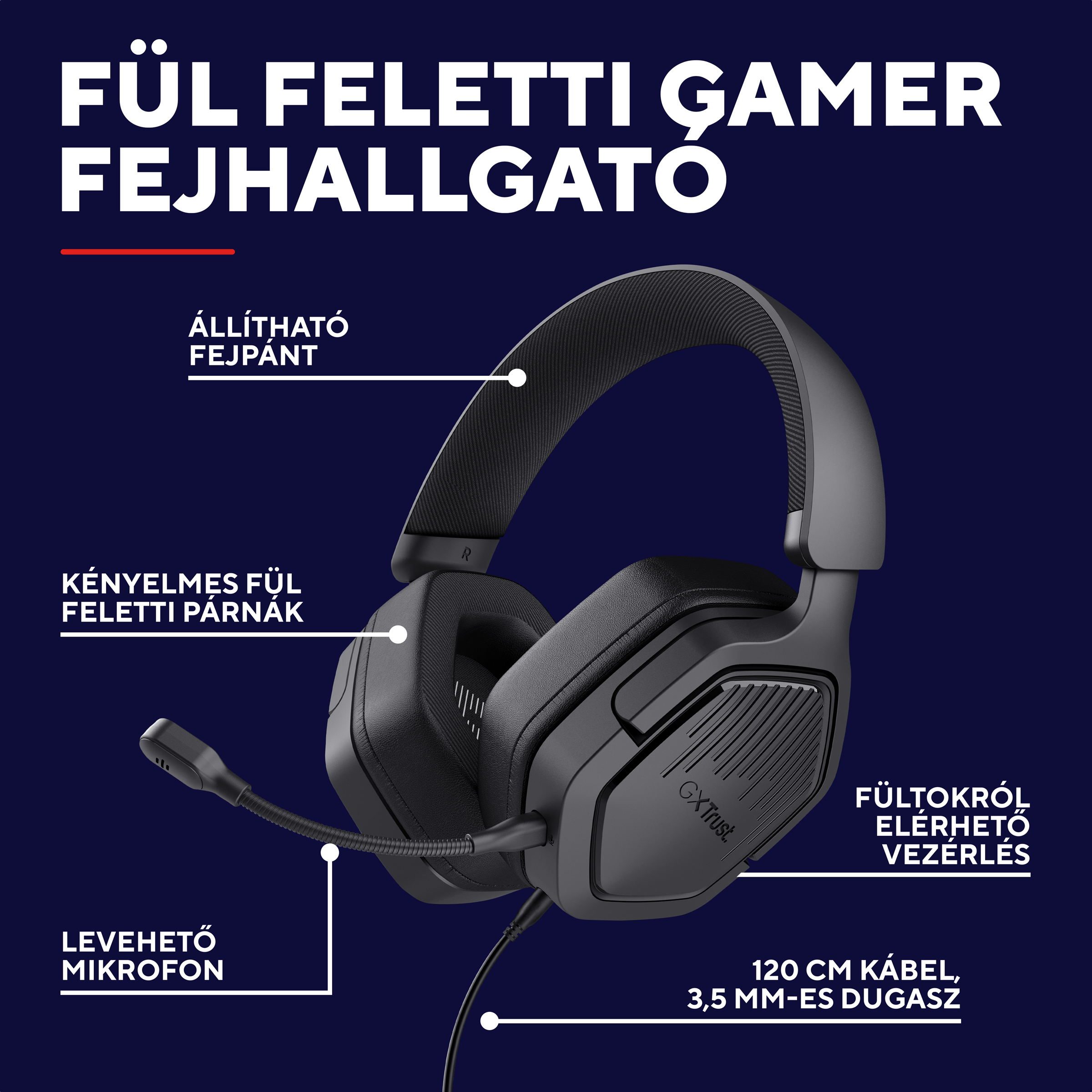 Fekete gamer fejhallgató mikrofonnal, állítható fejpánttal és 120 cm-es kábellel.