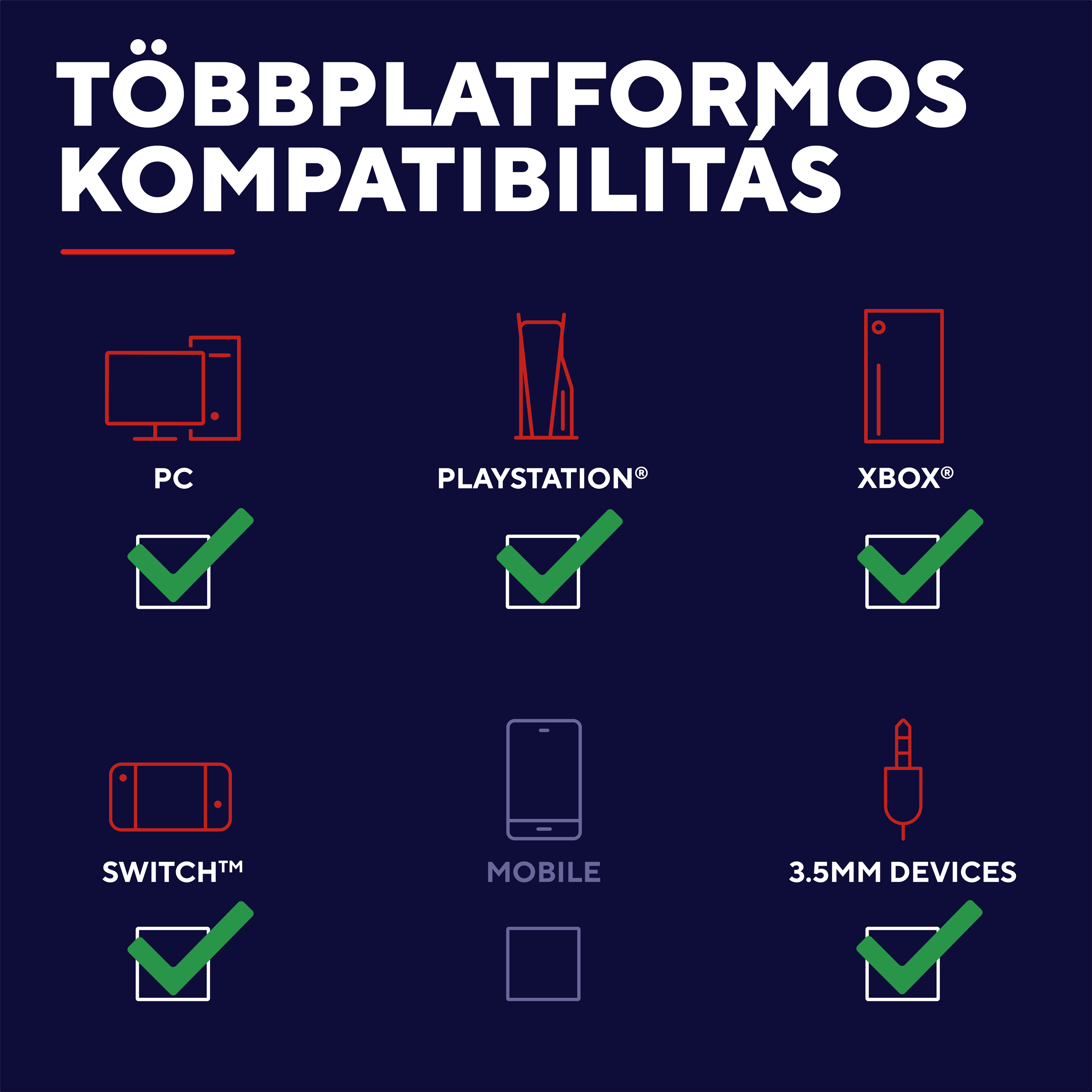 Kompatibilitás PC-vel, PlayStation, Xbox, Switch, mobil és 3,5 mm-es eszközökkel.