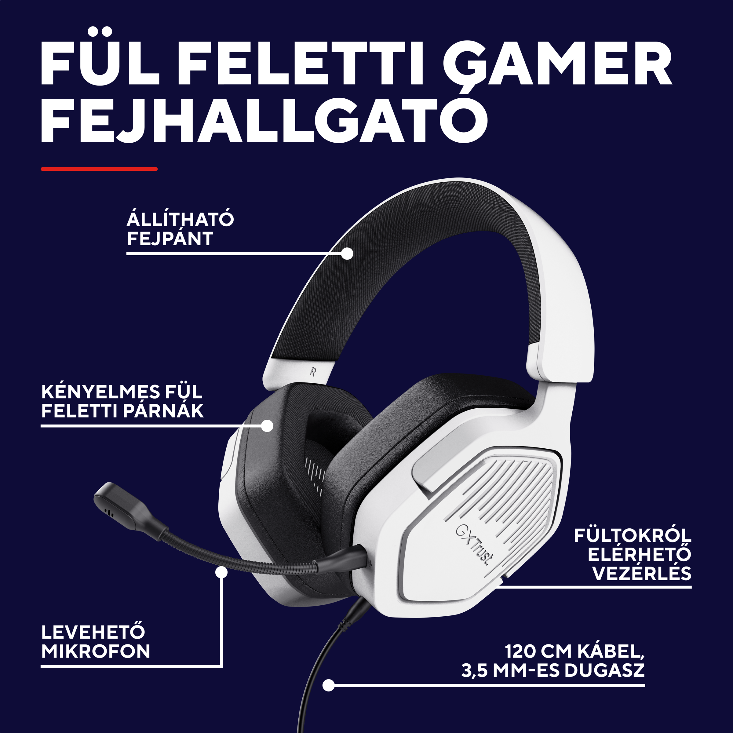 Fehér gamer fejhallgató mikrofonnal, állítható fejpánttal és kábelvezérléssel.