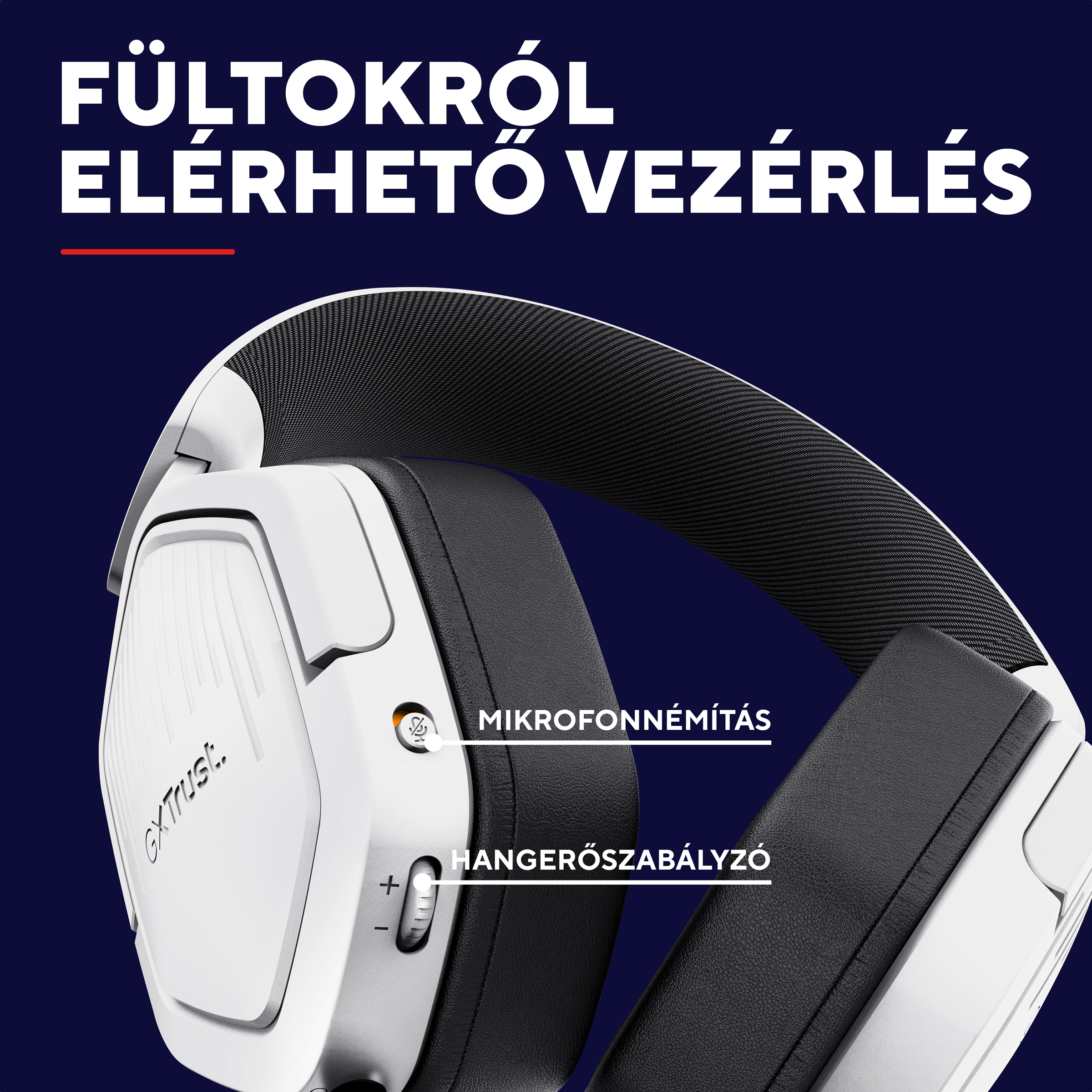 Fehér fejhallgató közeli képe, fekete fülpárnákkal és ezüst díszítéssel.