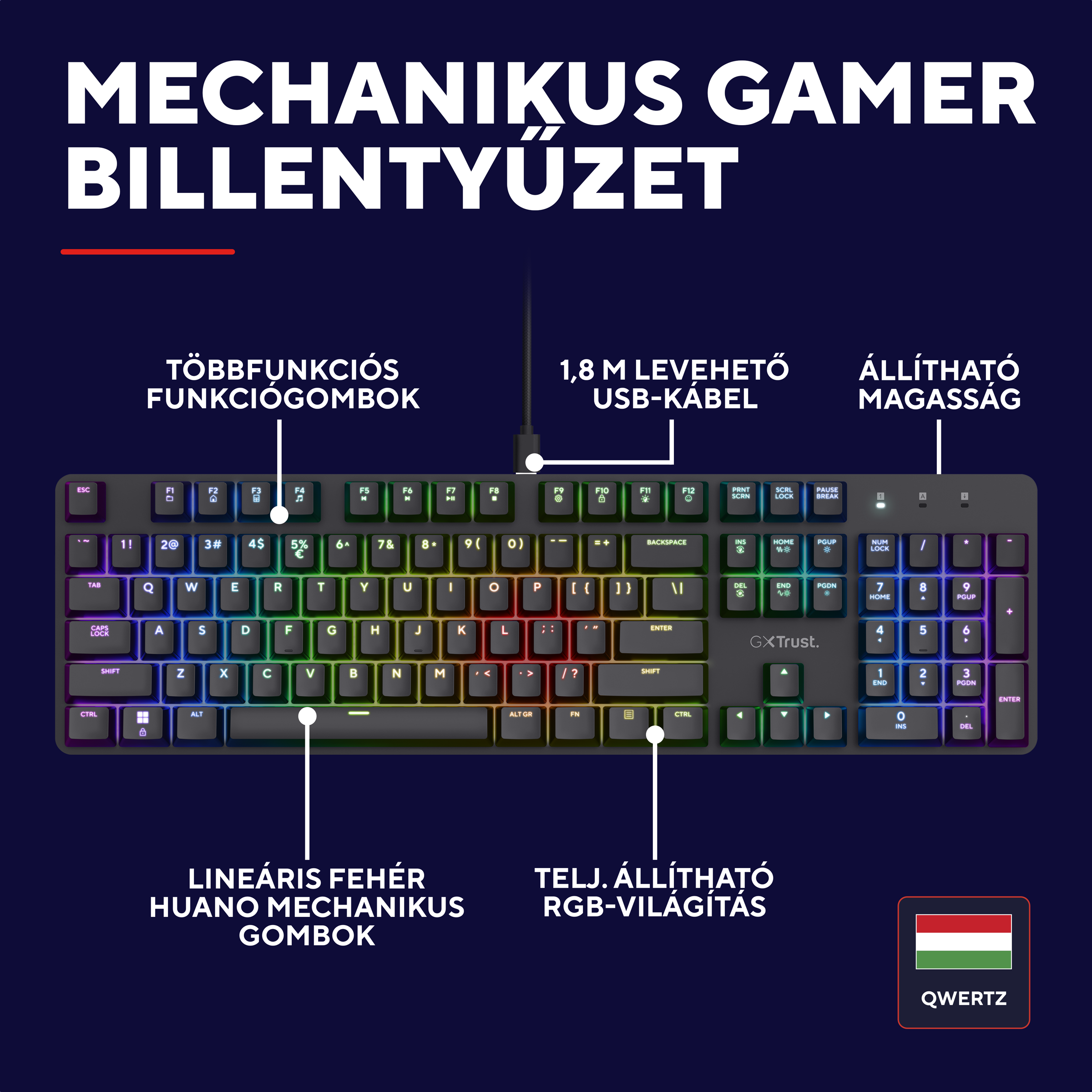 Mechanikus gamer billentyűzet RGB világítással, levehető kábellel, állítható magassággal.