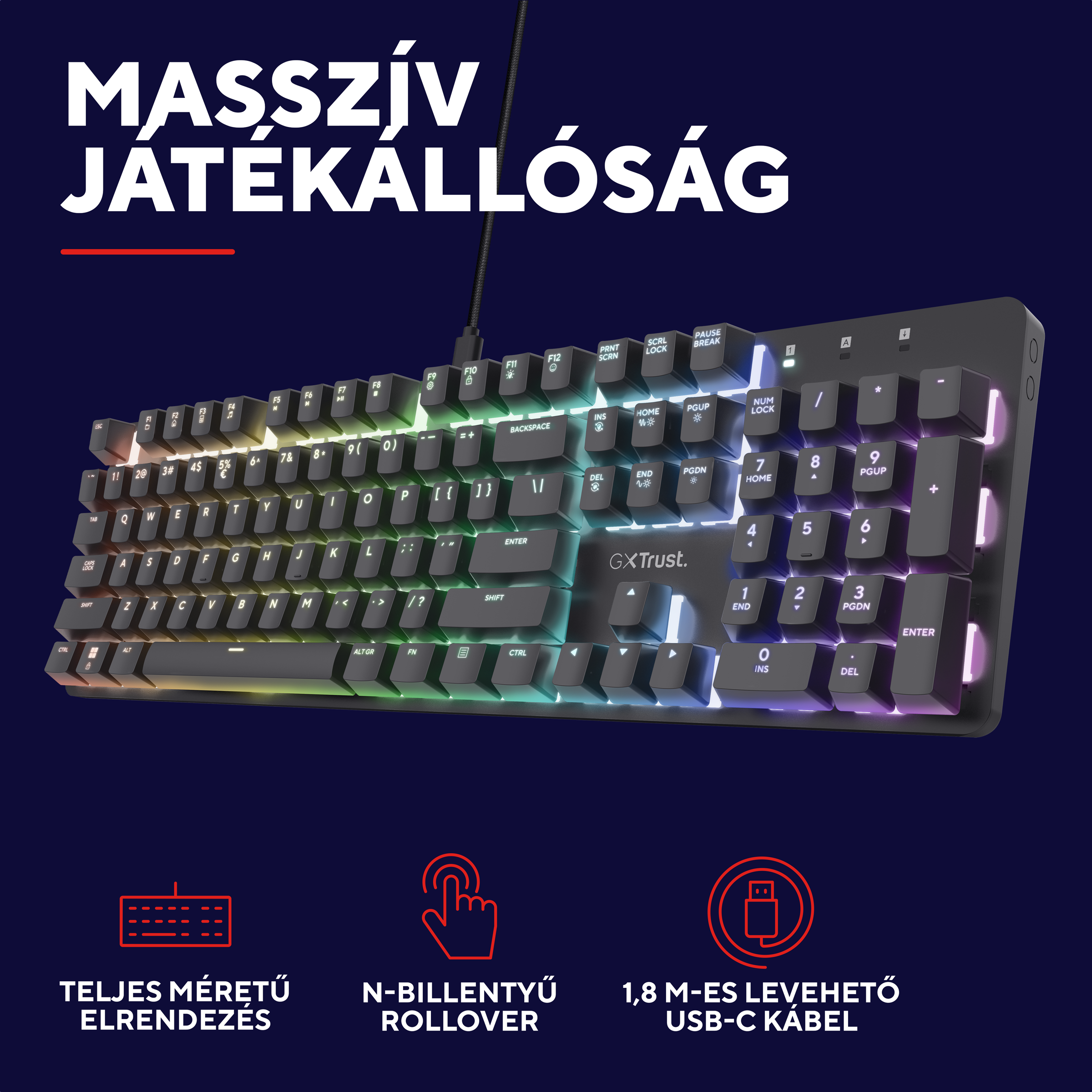 Fekete gamer billentyűzet RGB világítással és magyar kiosztással.