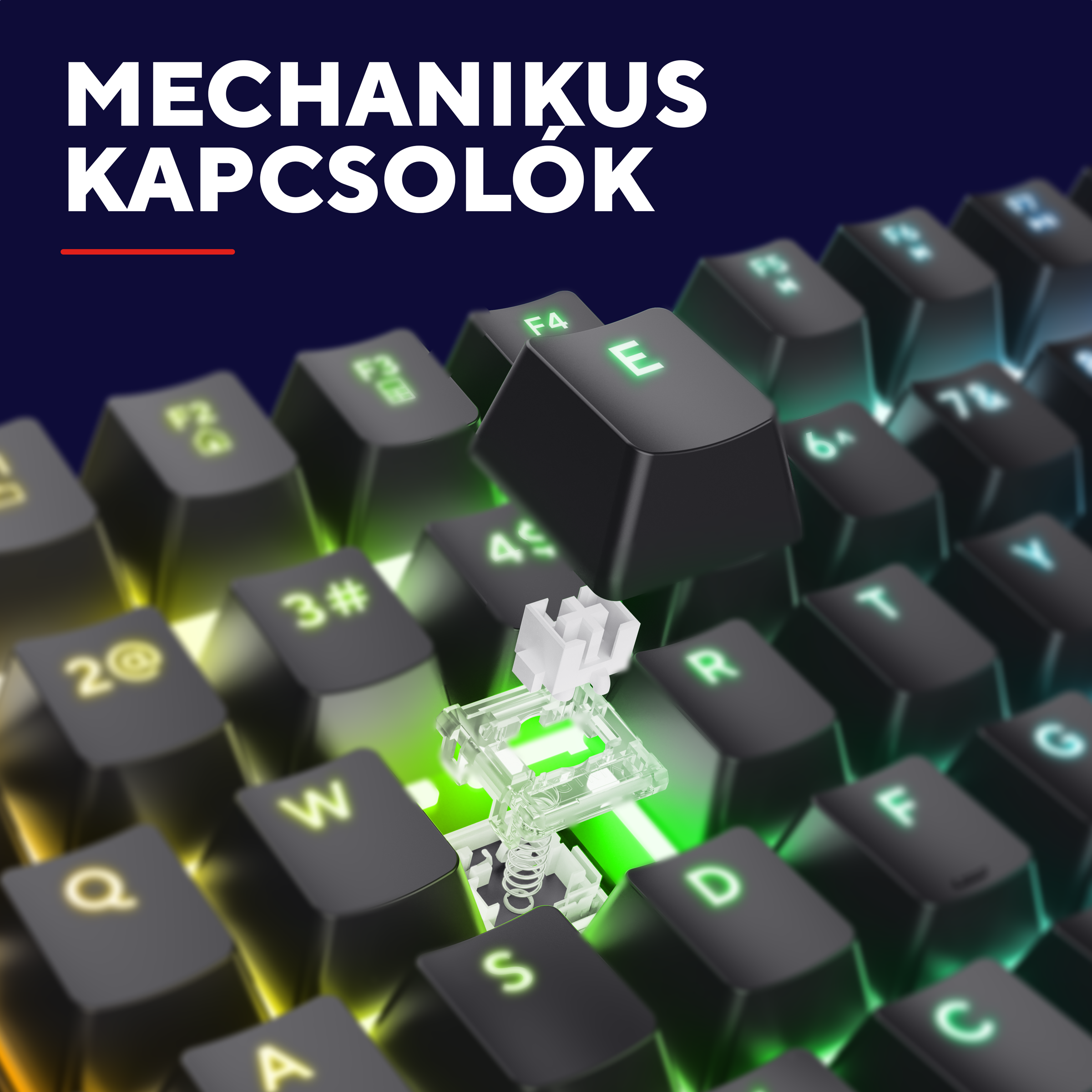 Mechanikus billentyűzet gombok világító betűkkel és egy kapcsoló.