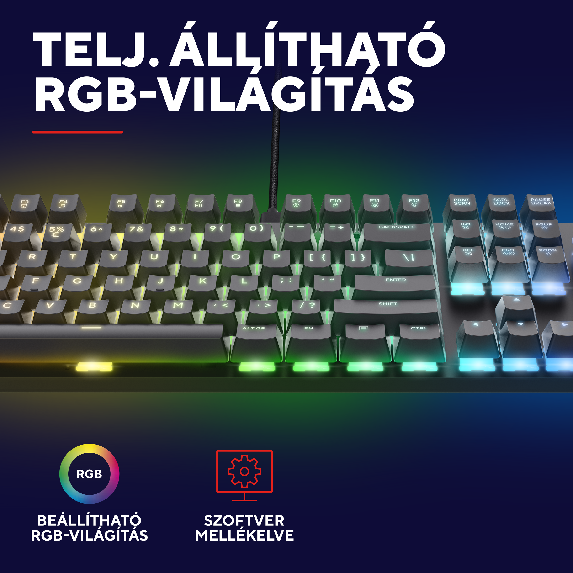 Egy billentyűzet állítható RGB világítással és magyar szöveggel.