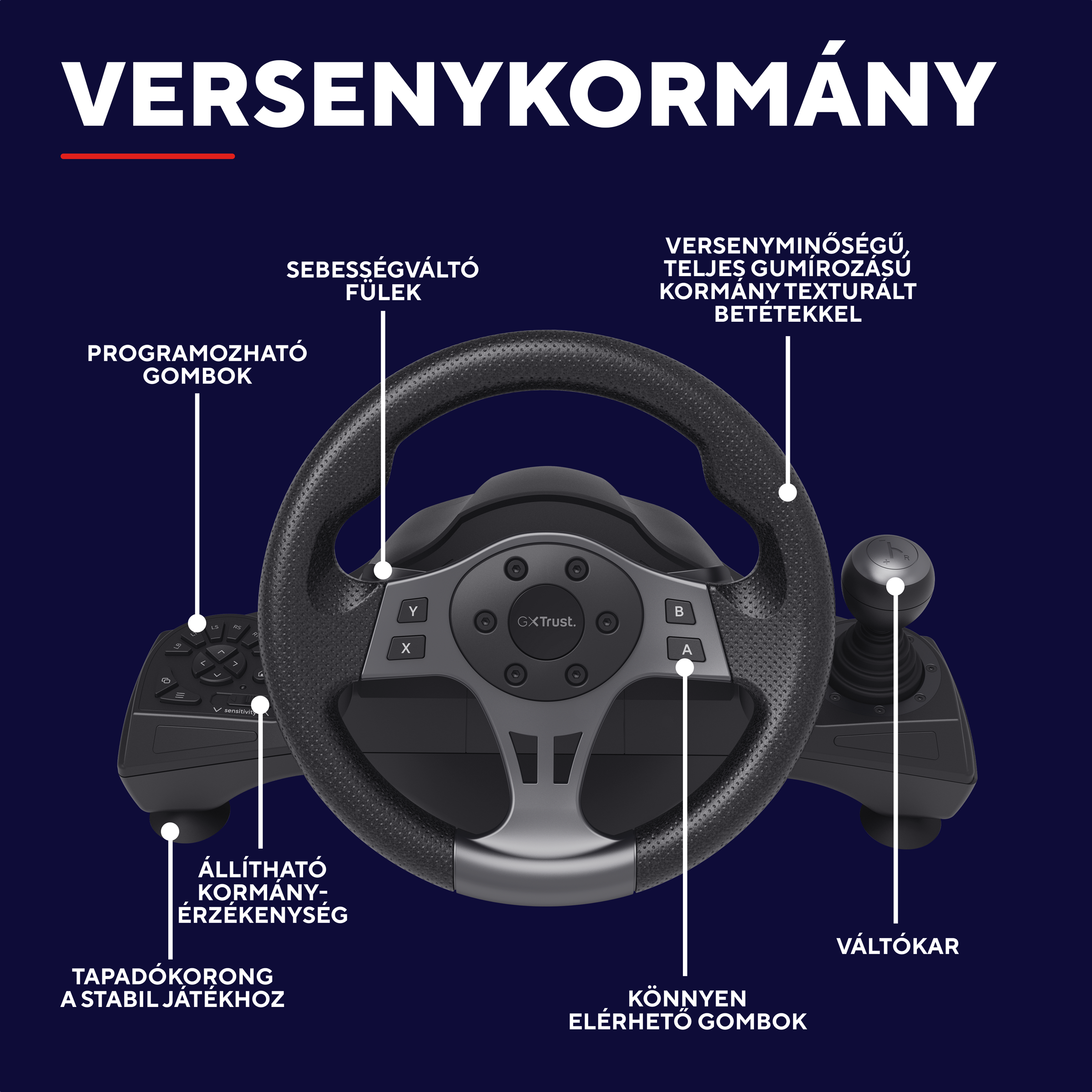 Egy játék kormánykerék sebességváltóval, pedálokkal és programozható gombokkal.