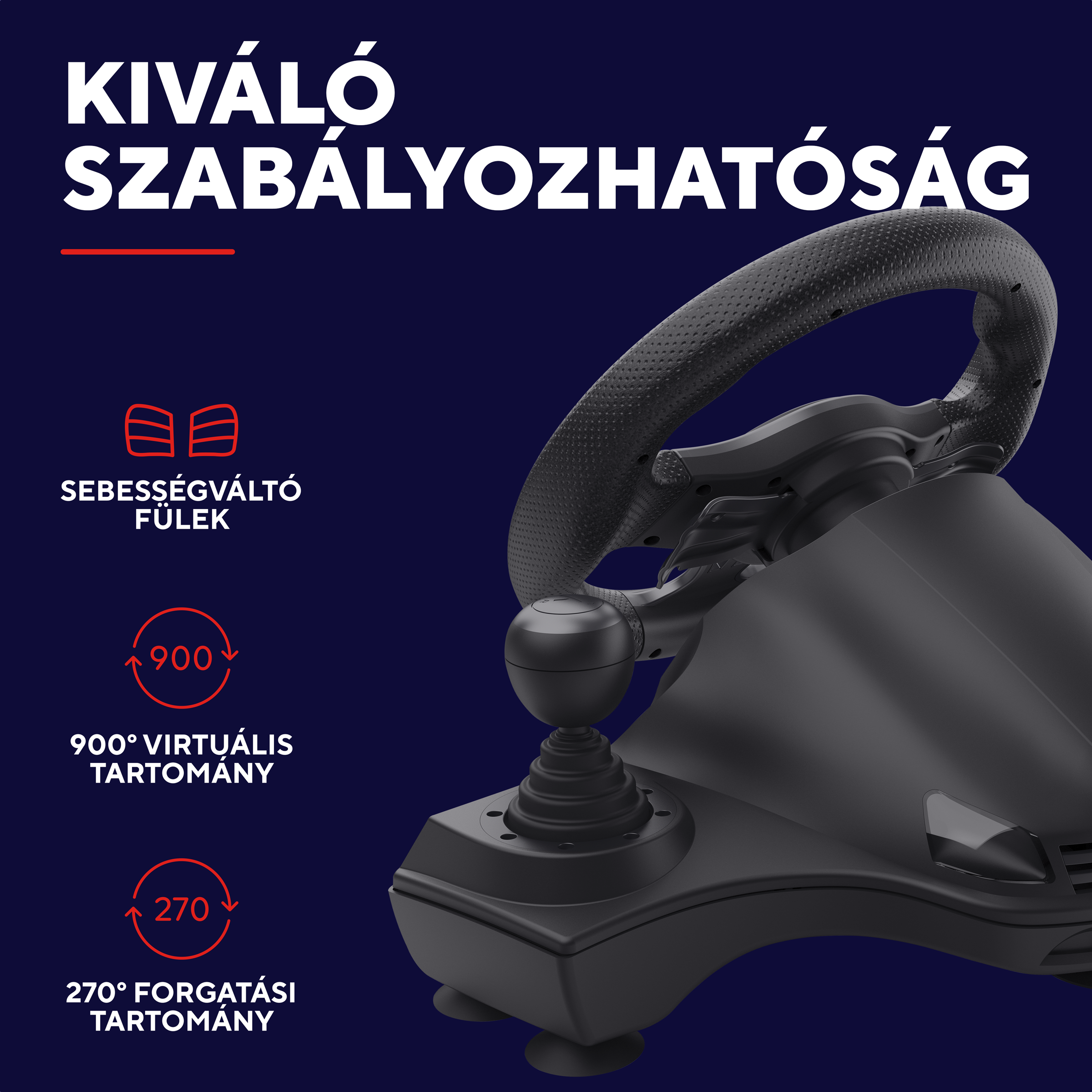 Fekete gamer kormány kapcsolófülekkel, 900° és 270° elforgatással.
