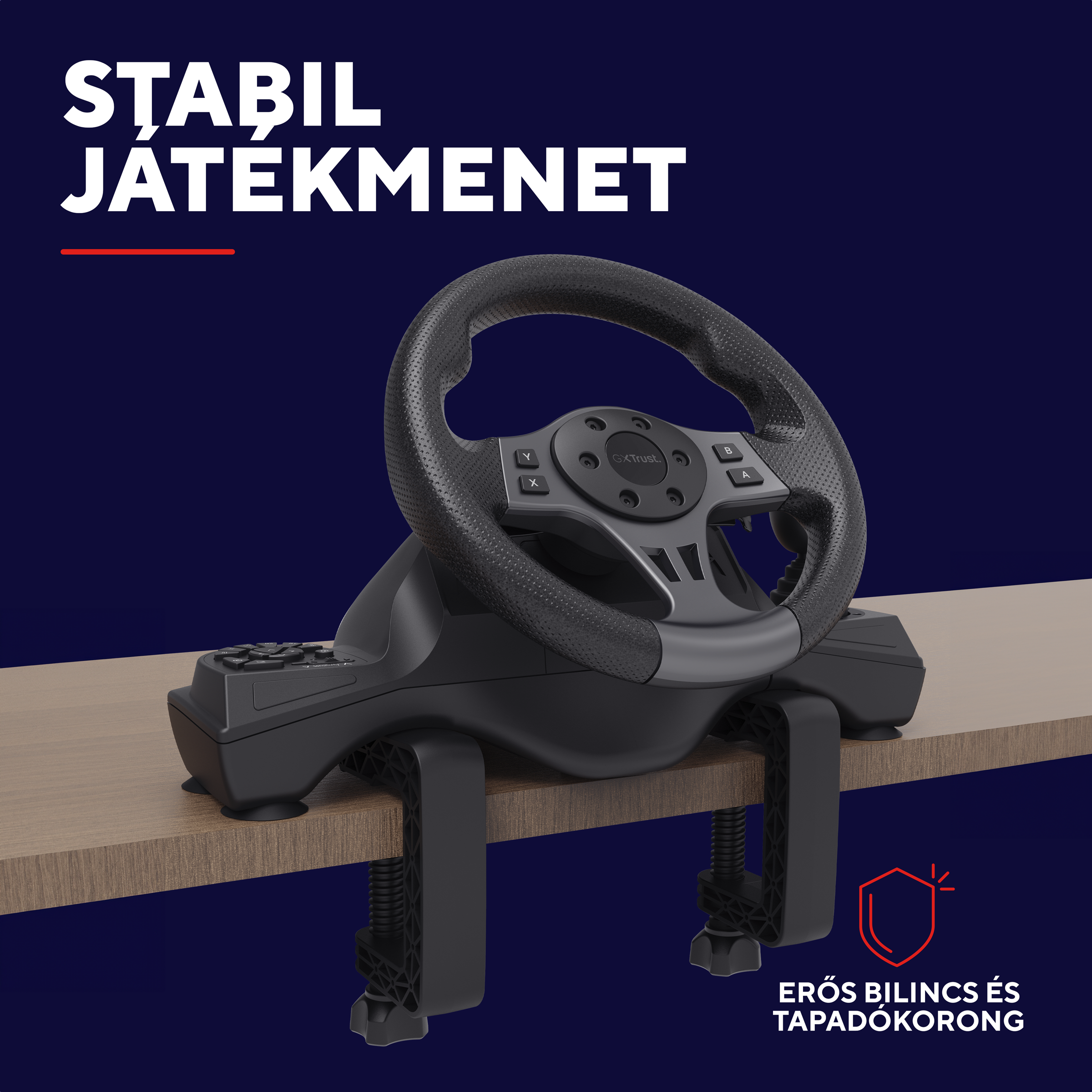 Fekete játékkormány bilincsekkel faasztalon. Szöveg alul.