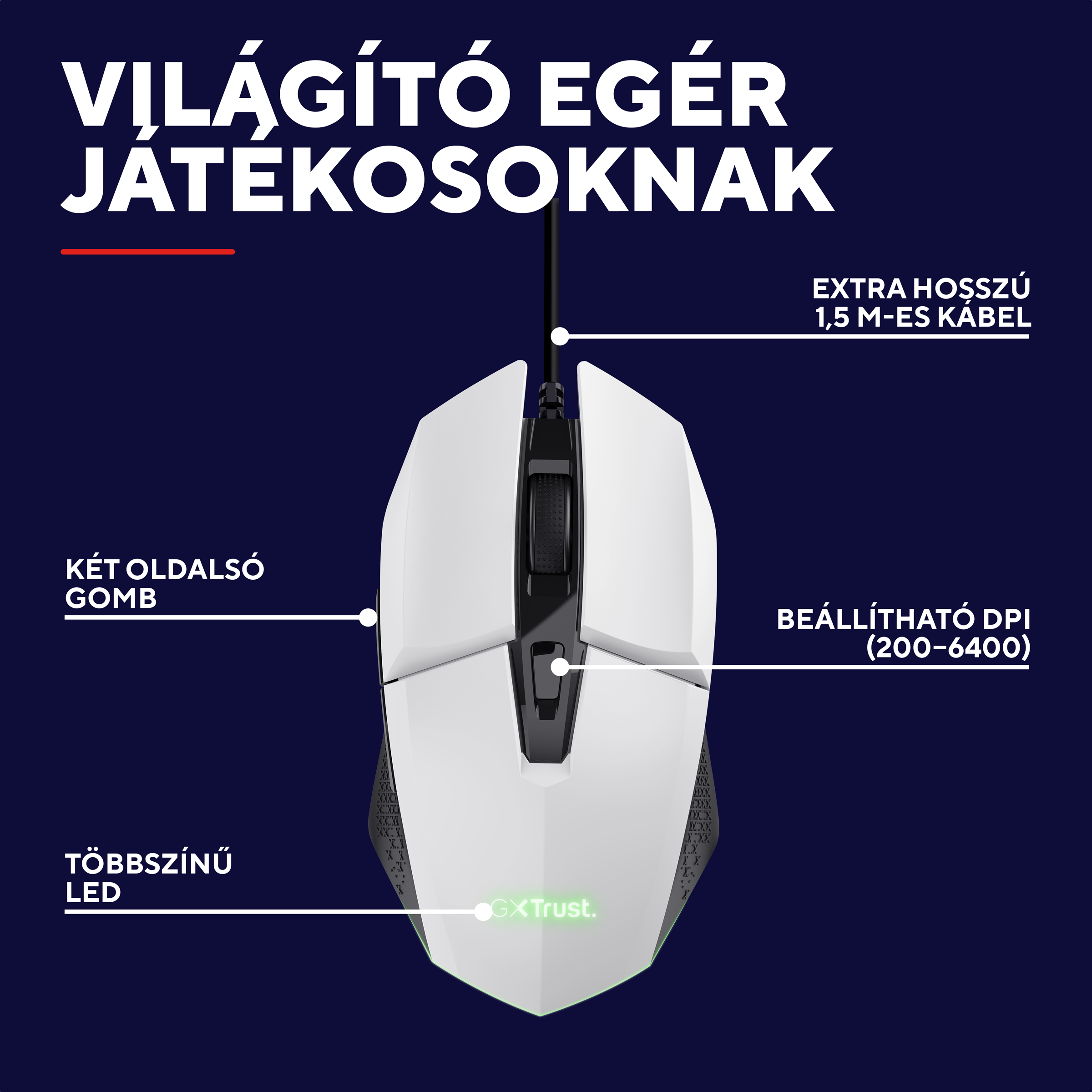 Fehér gamer egér RGB világítással, oldalsó gombokkal és állítható DPI-vel.