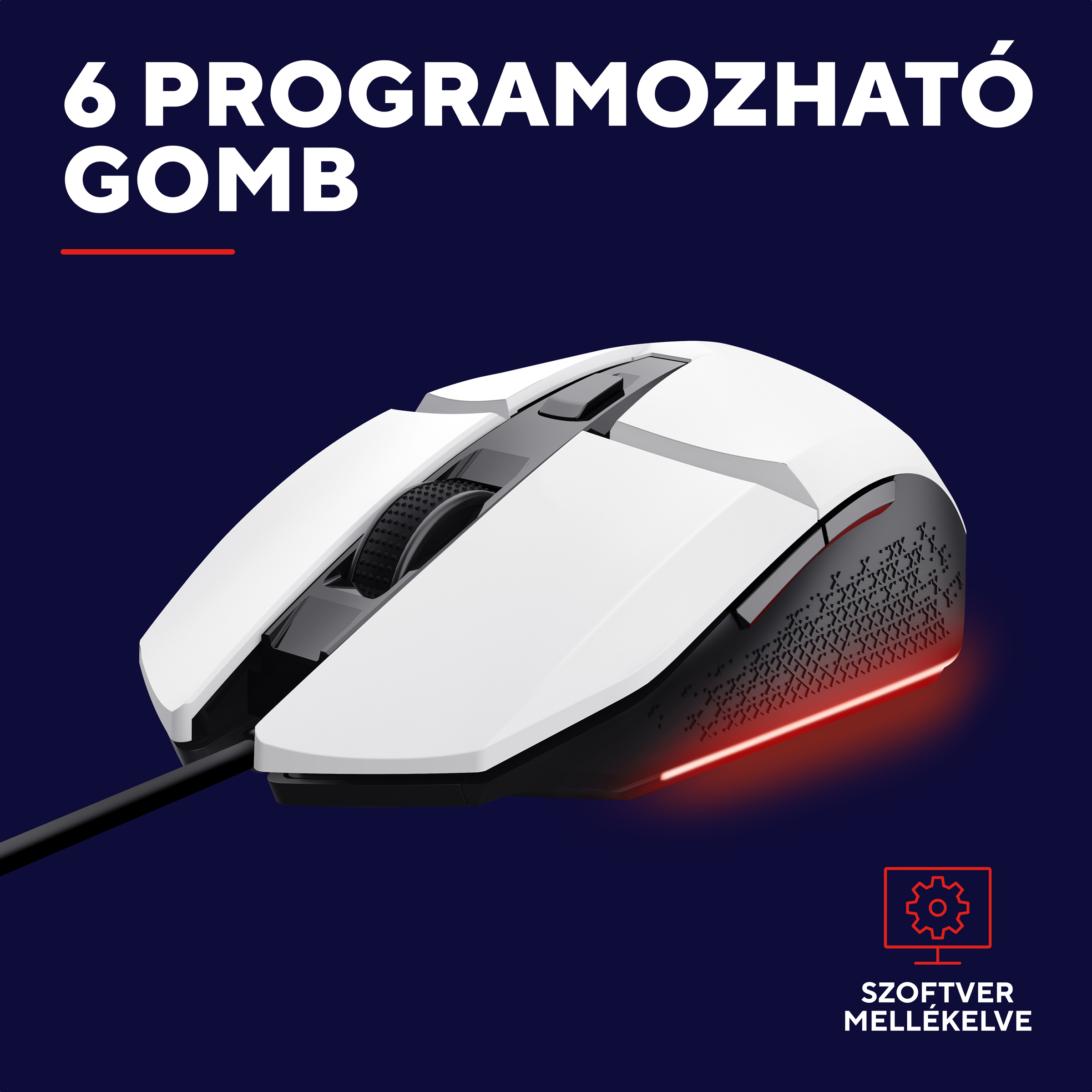 Fehér gamer egér piros világítással és felirattal.