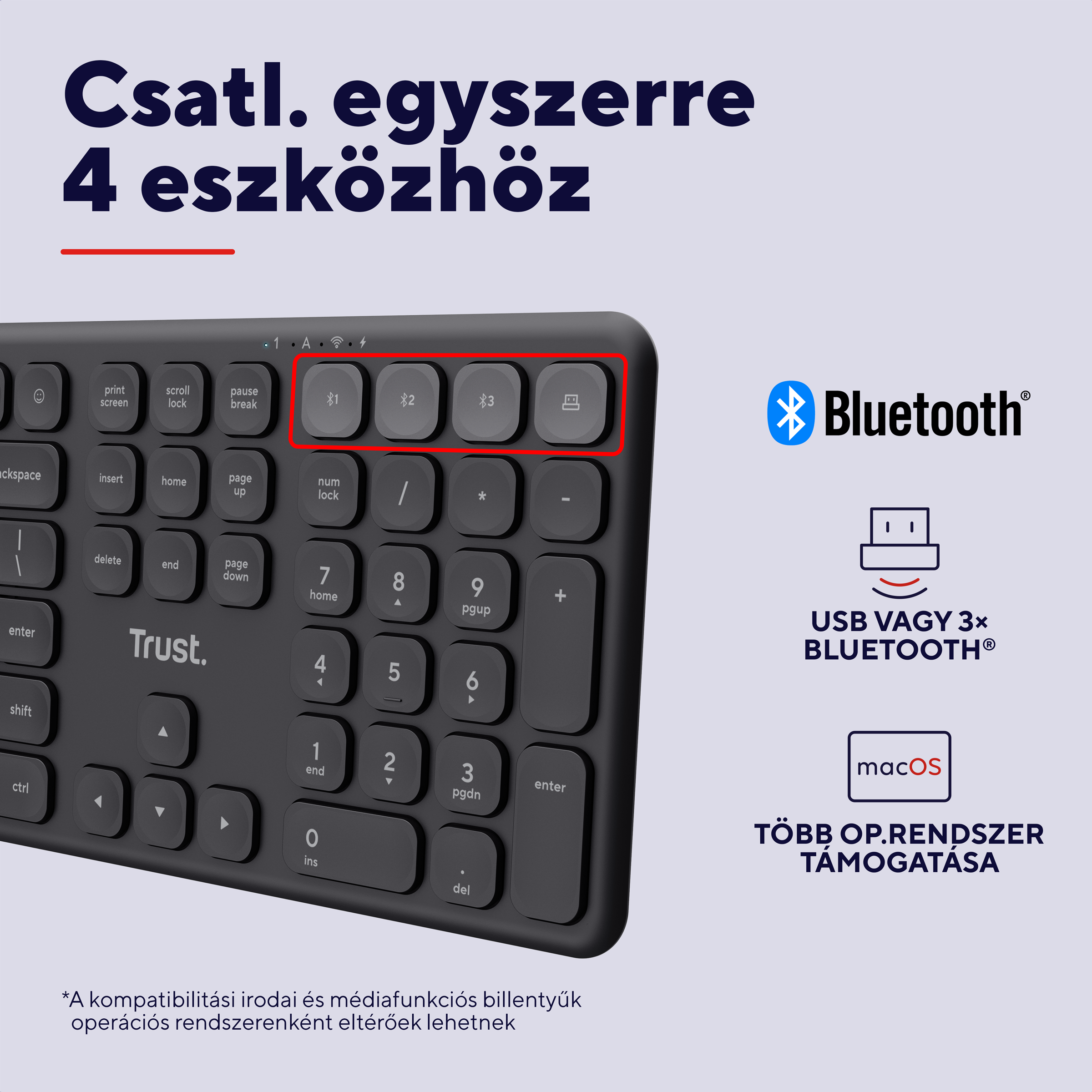 Fekete billentyűzet Bluetooth szimbólumokkal, USB szimbólummal és macOS logóval.