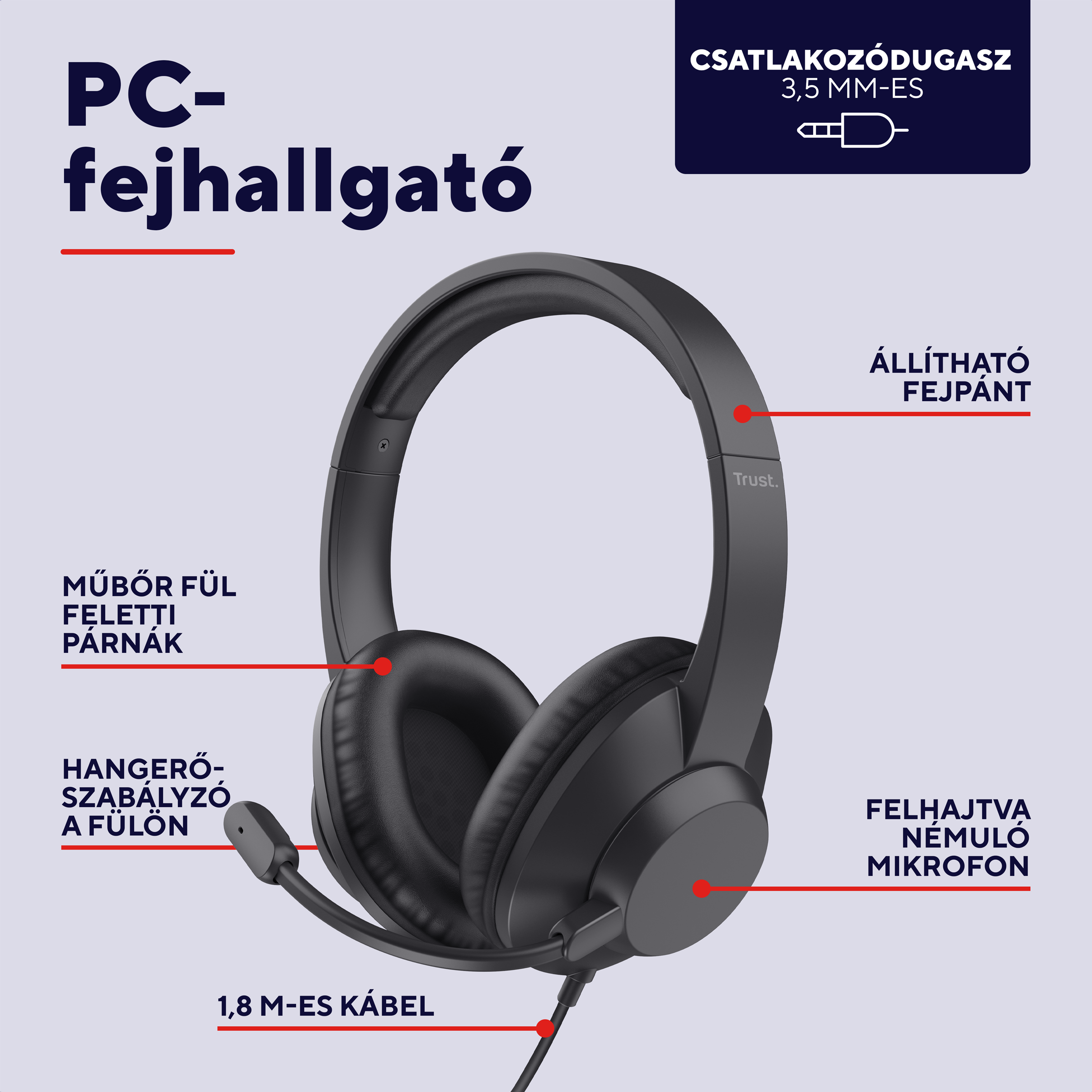 Fekete PC-fejhallgató mikrofonnal, állítható fejpánttal és 1,8 m-es kábellel.