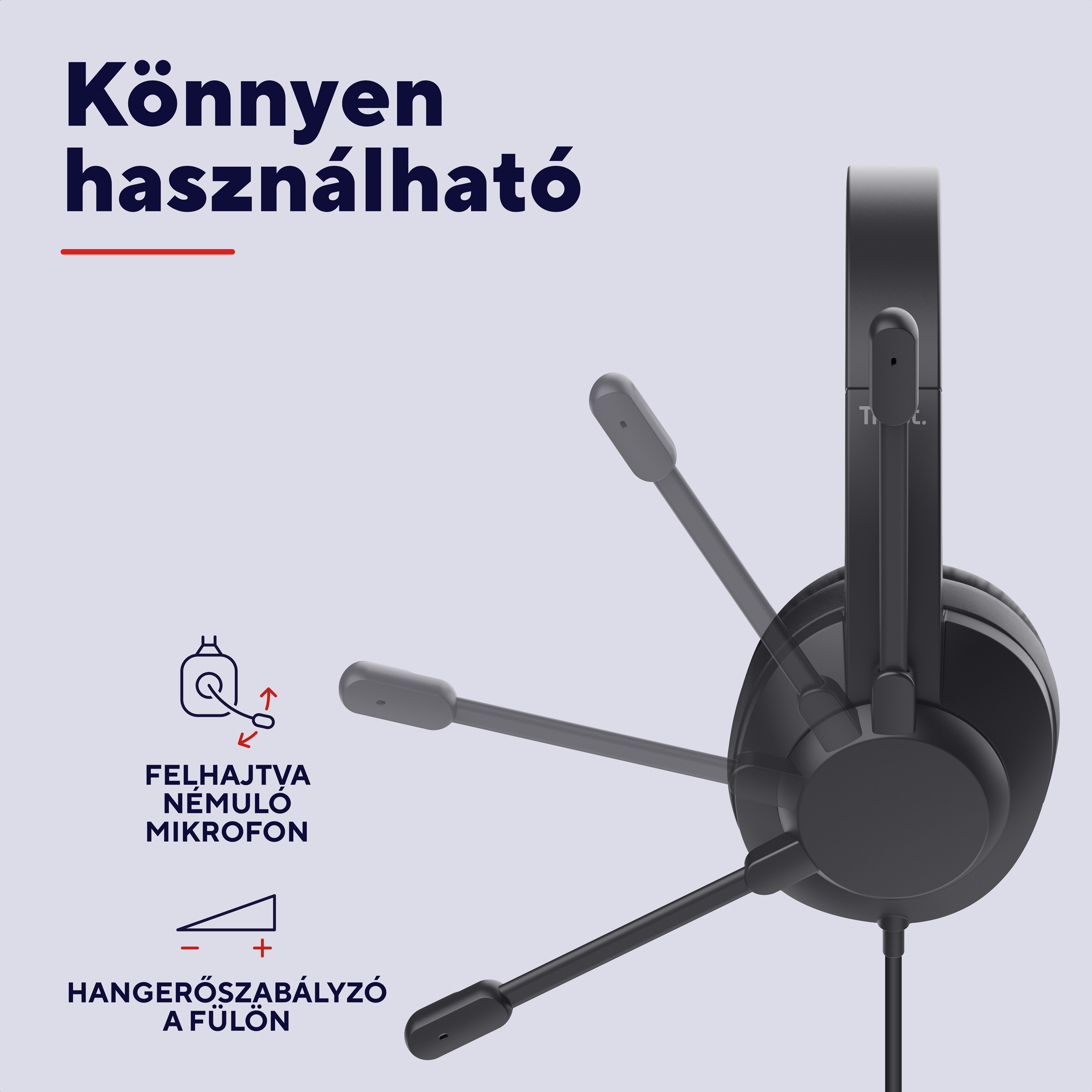 Fekete, billenthető mikrofonos fejhallgató, fülén hangerőszabályzóval.