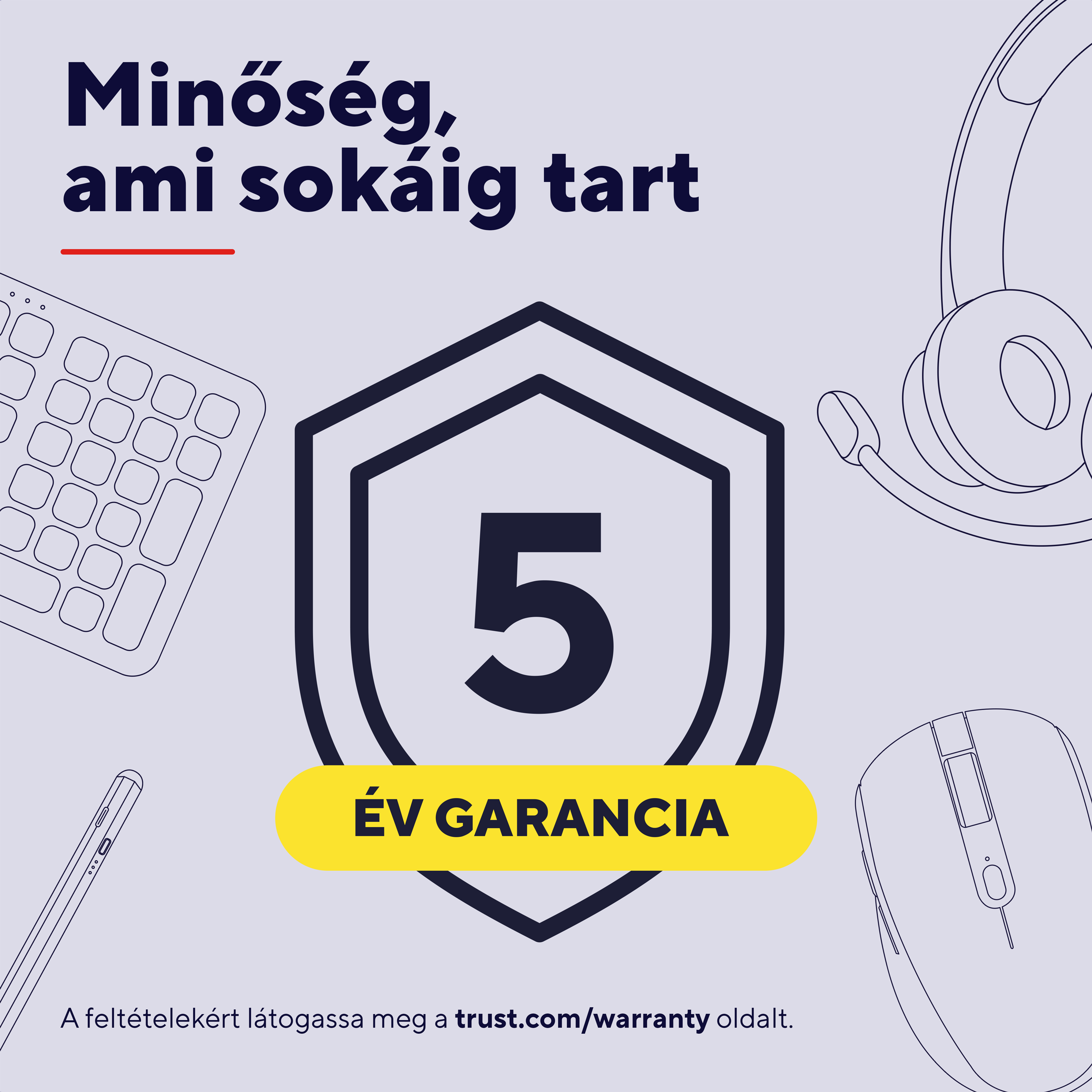 Grafika billentyűzettel, egérrel, fejhallgatóval és egy 5-ös pajzzsal.