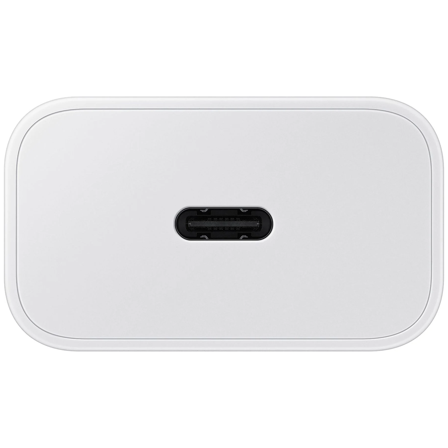 A white USB-C charging plug on a white background.