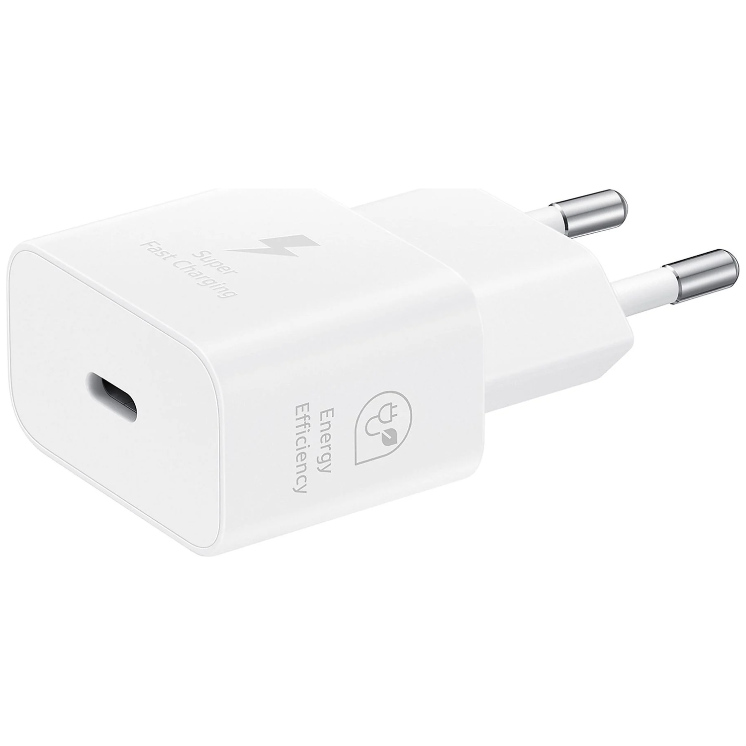 A white fast charging plug with a USB-C port and EU prongs.