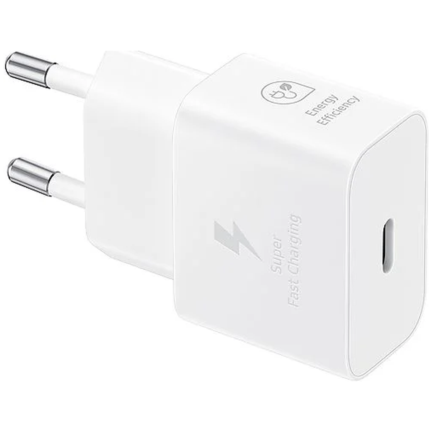 White charger with two prongs and USB-C port, Super Fast Charging