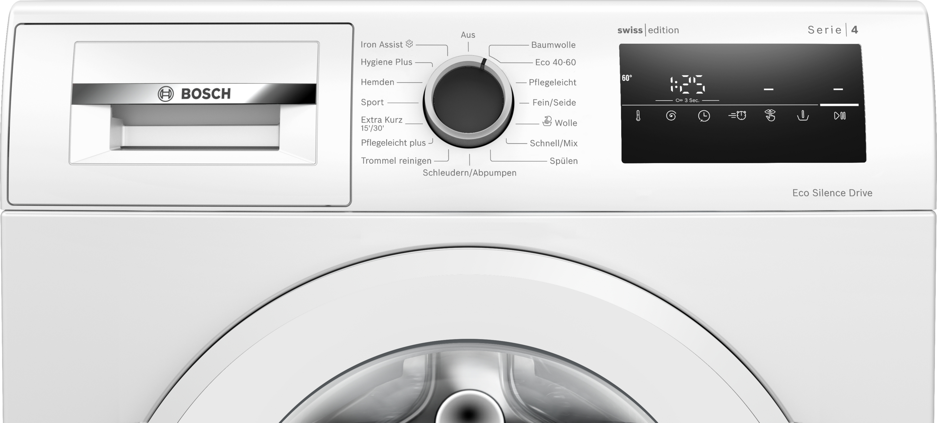 Nahaufnahme einer weißen Bosch Waschmaschine mit Bedienfeld und Display.