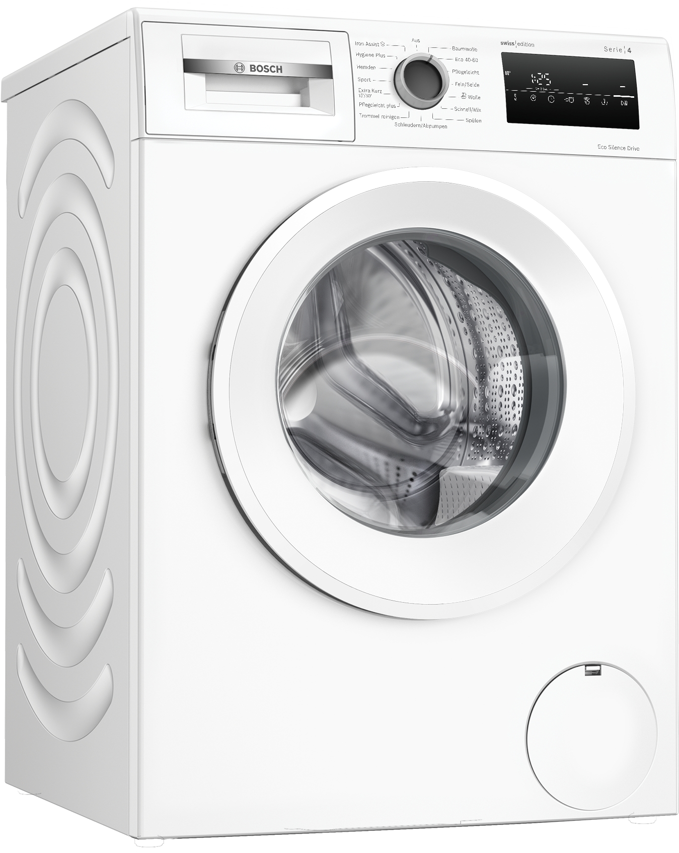 Eine weiße Bosch Waschmaschine mit digitalem Display und runder Tür.