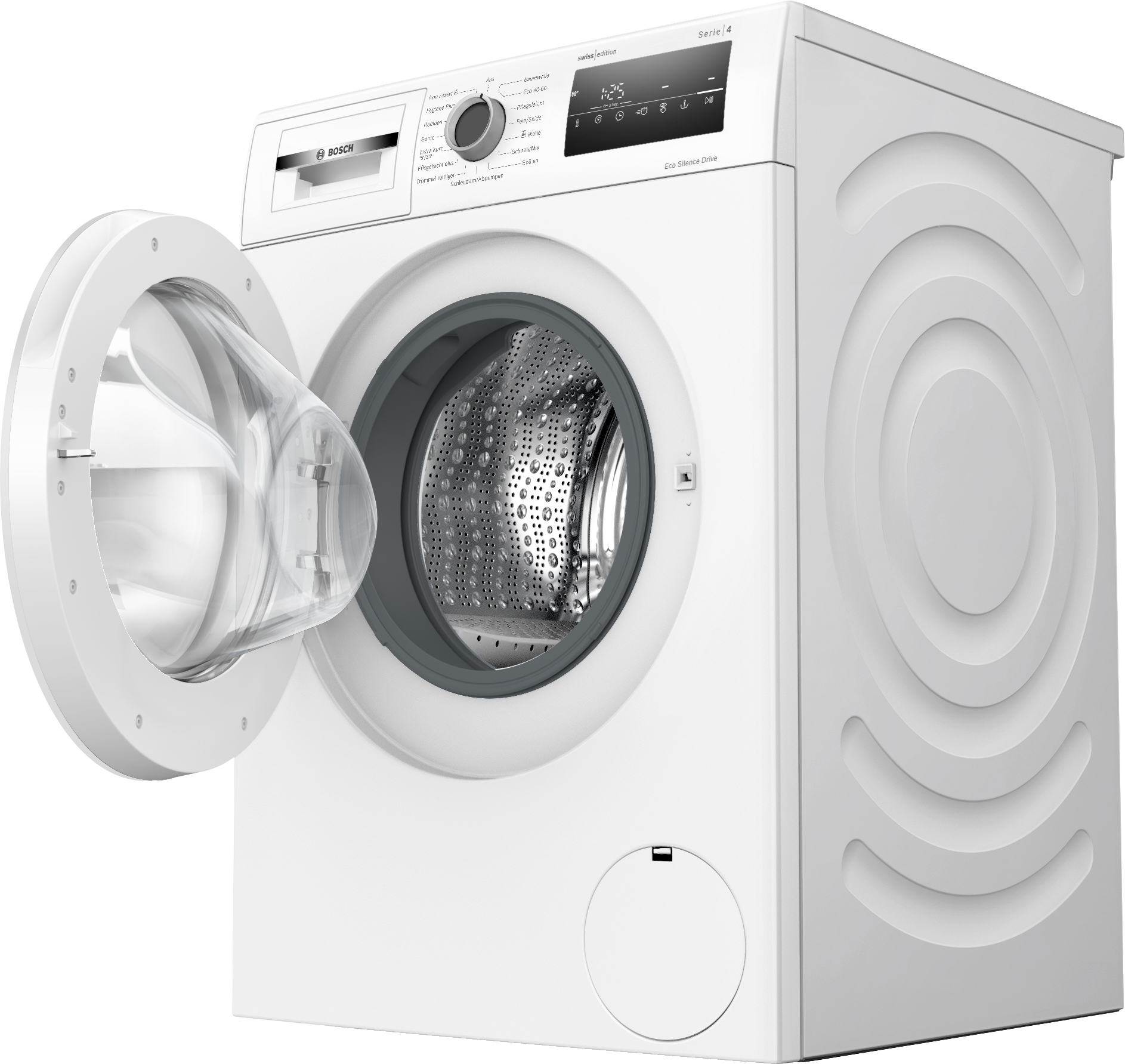 Weiße Bosch Waschmaschine mit offener Tür und Trommel.