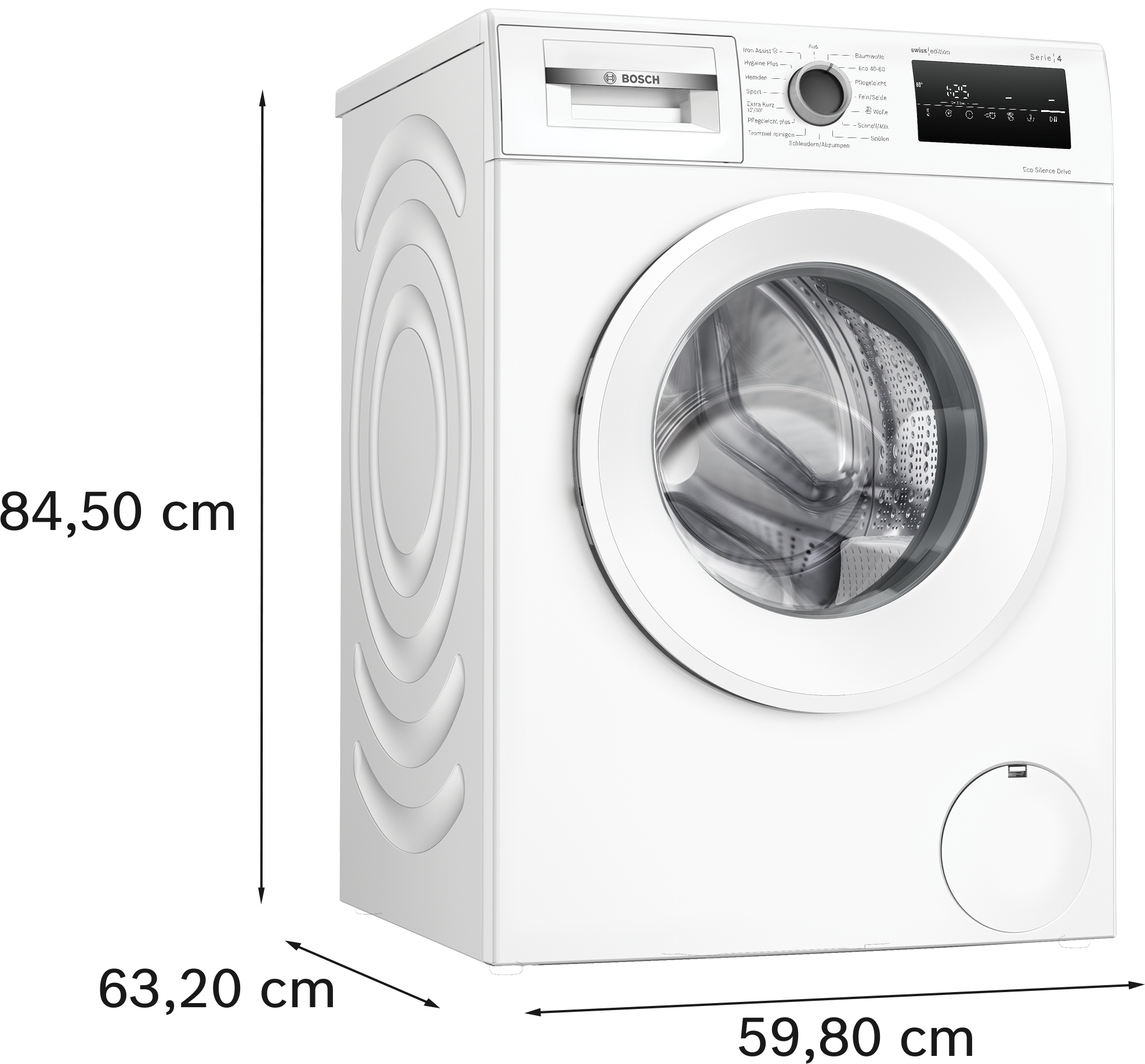 Eine weiße Bosch Waschmaschine mit Bedienfeld und runder Tür. Maße sind angegeben.