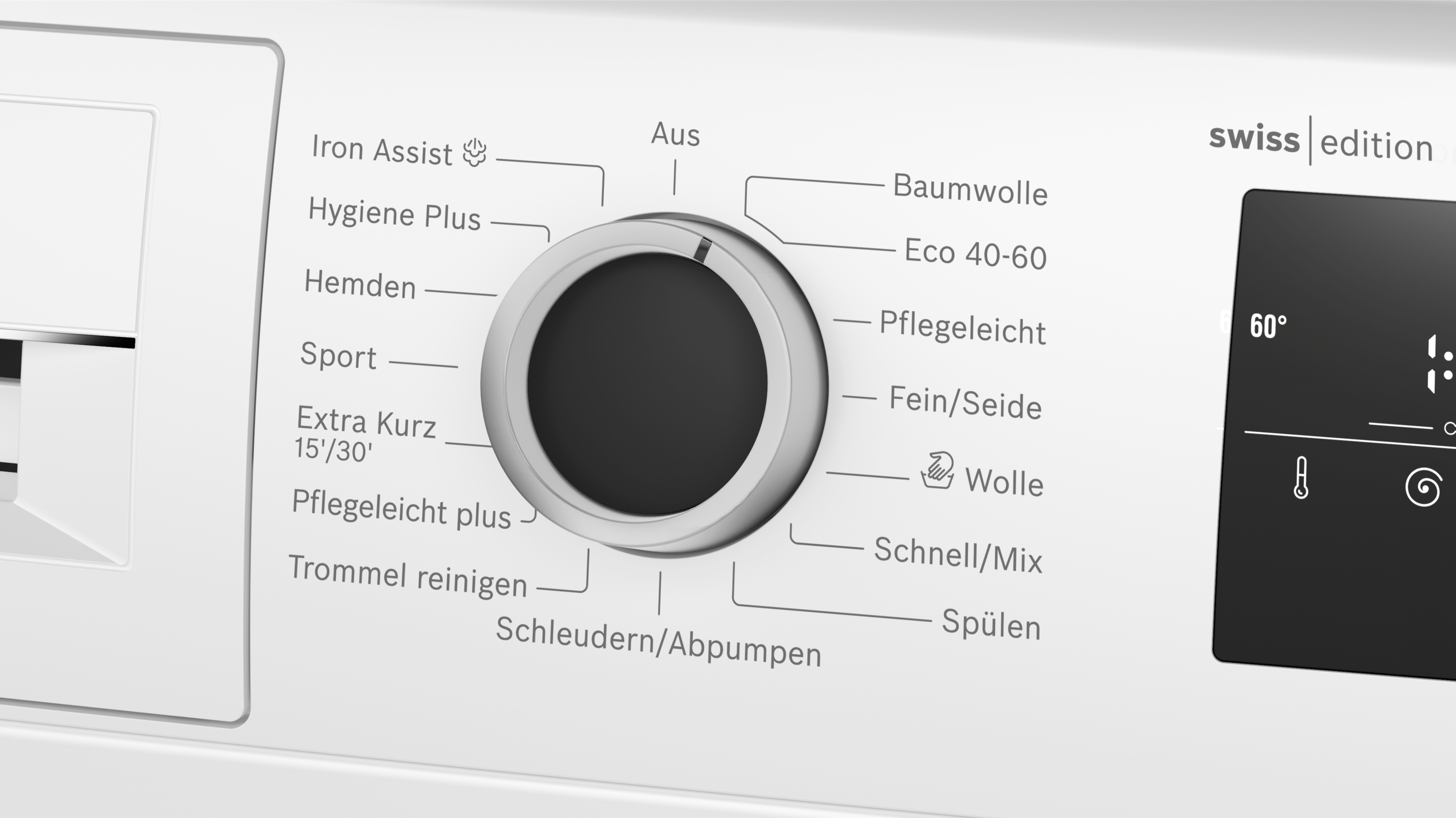 Bedienfeld einer Waschmaschine mit Drehknopf und Display.