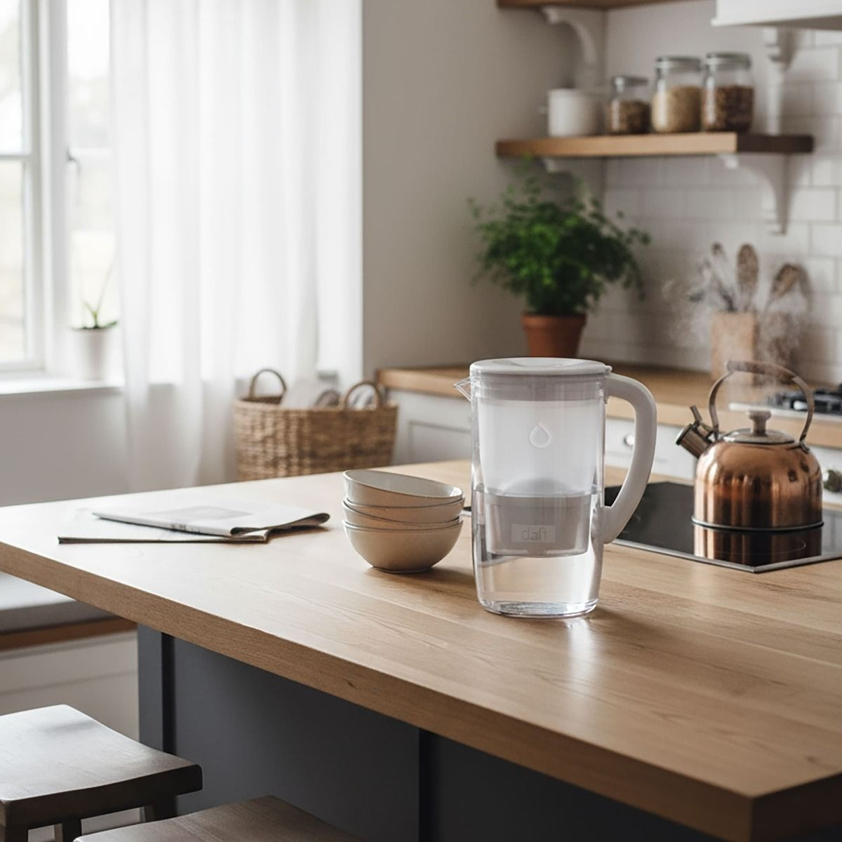 Dzbanek filtrujący wodę stoi na drewnianym blacie z miseczkami i miedzianym czajnikiem.