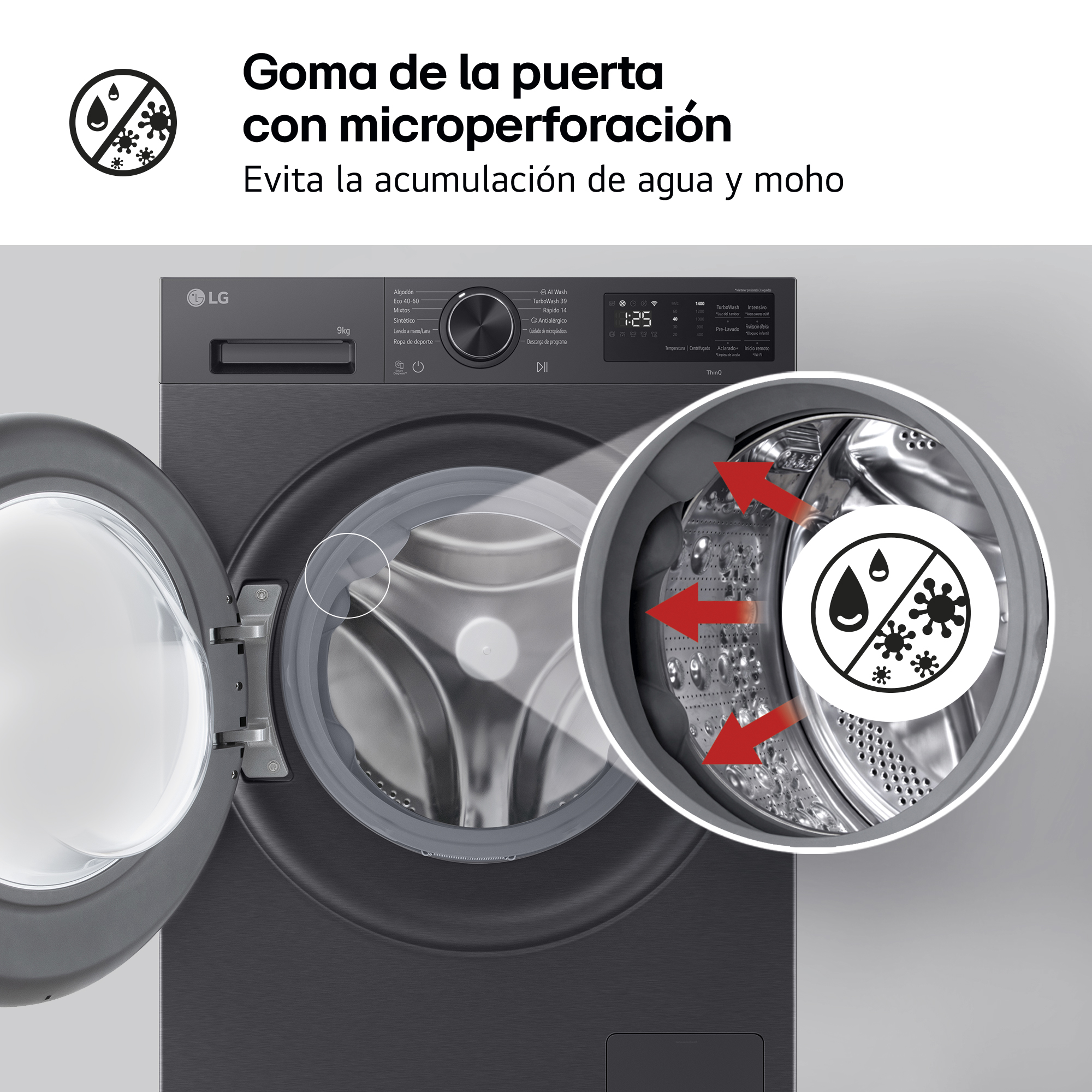 Goma de la puerta con microperforación. Evita la acumulación de agua y moho.