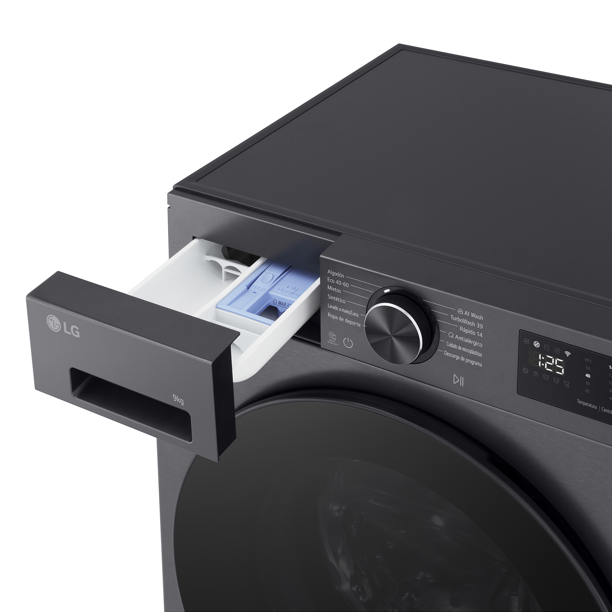 Lavadora LG gris oscuro con cajón de detergente extraído.