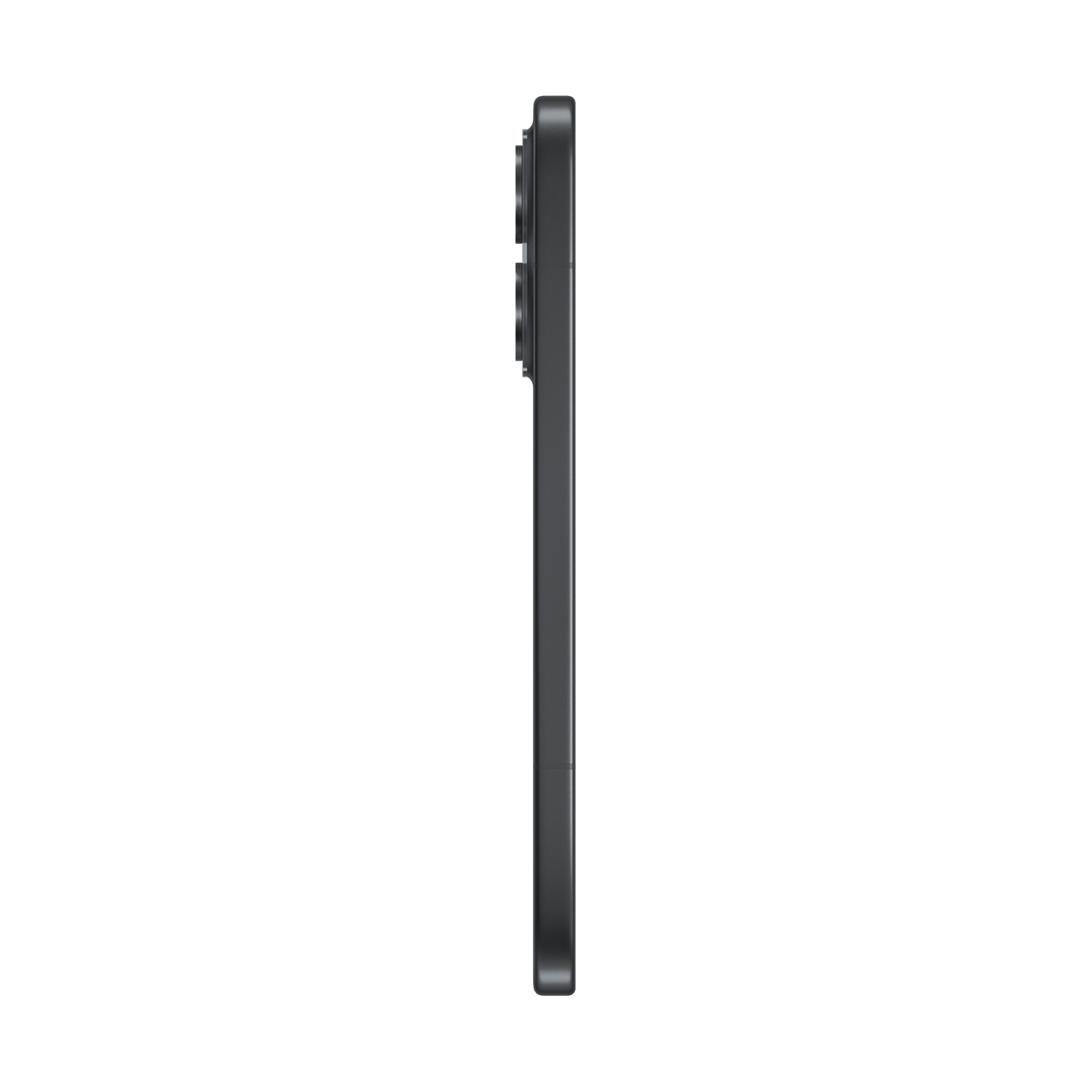 Smartphone scuro di profilo su sfondo bianco, modulo fotocamera visibile.