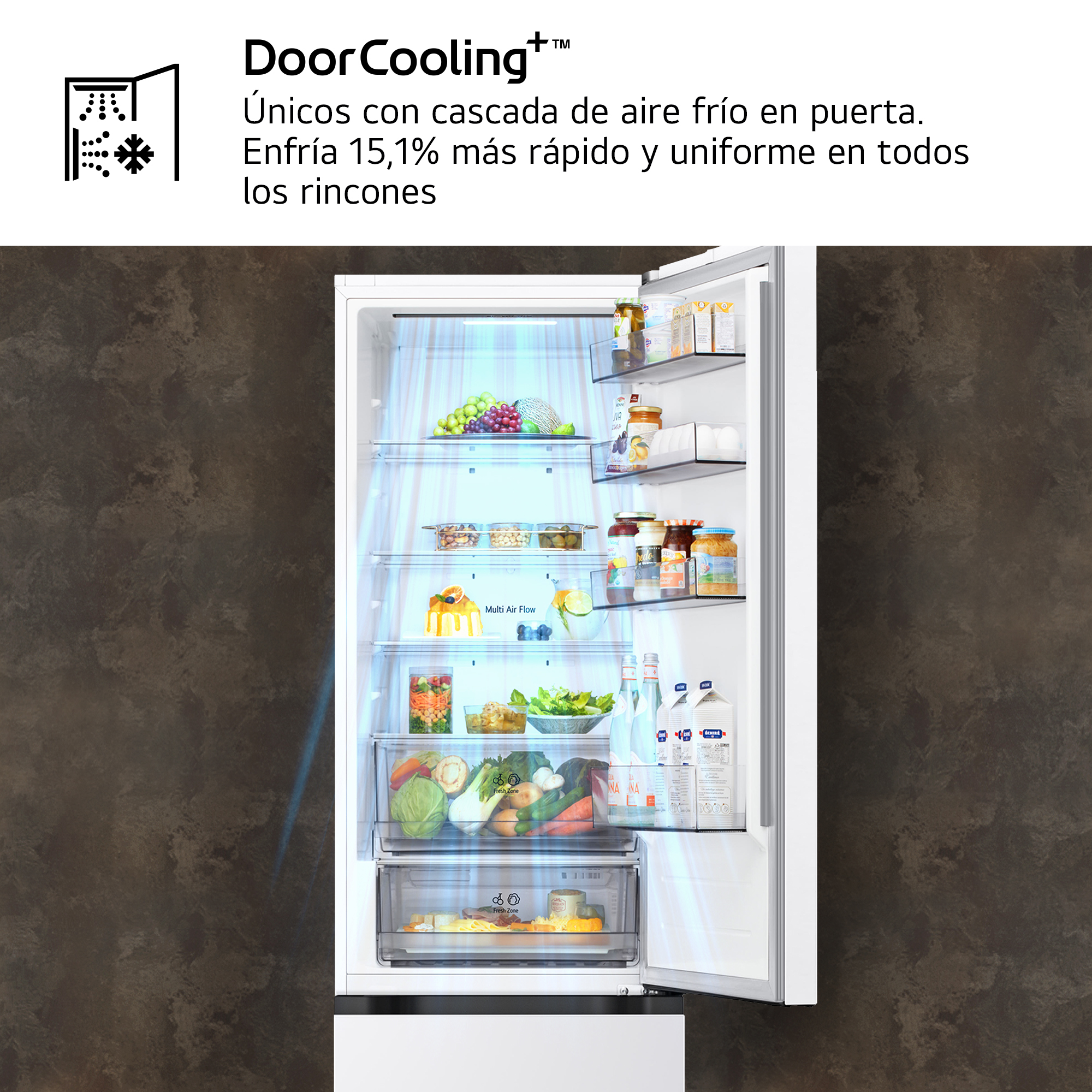 DoorCooling+™. Únicos con cascada de aire frío en puerta. Enfría 15,1% más rápido y uniforme en todos los rincones.